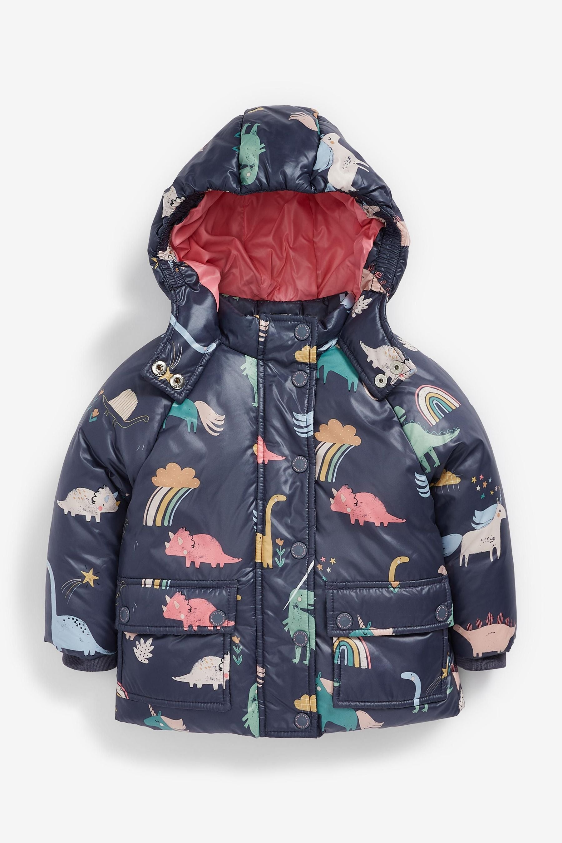 Navy Blue Dinosaur And Unicorn Print Shower Resistant Coat (3mths-7yrs)