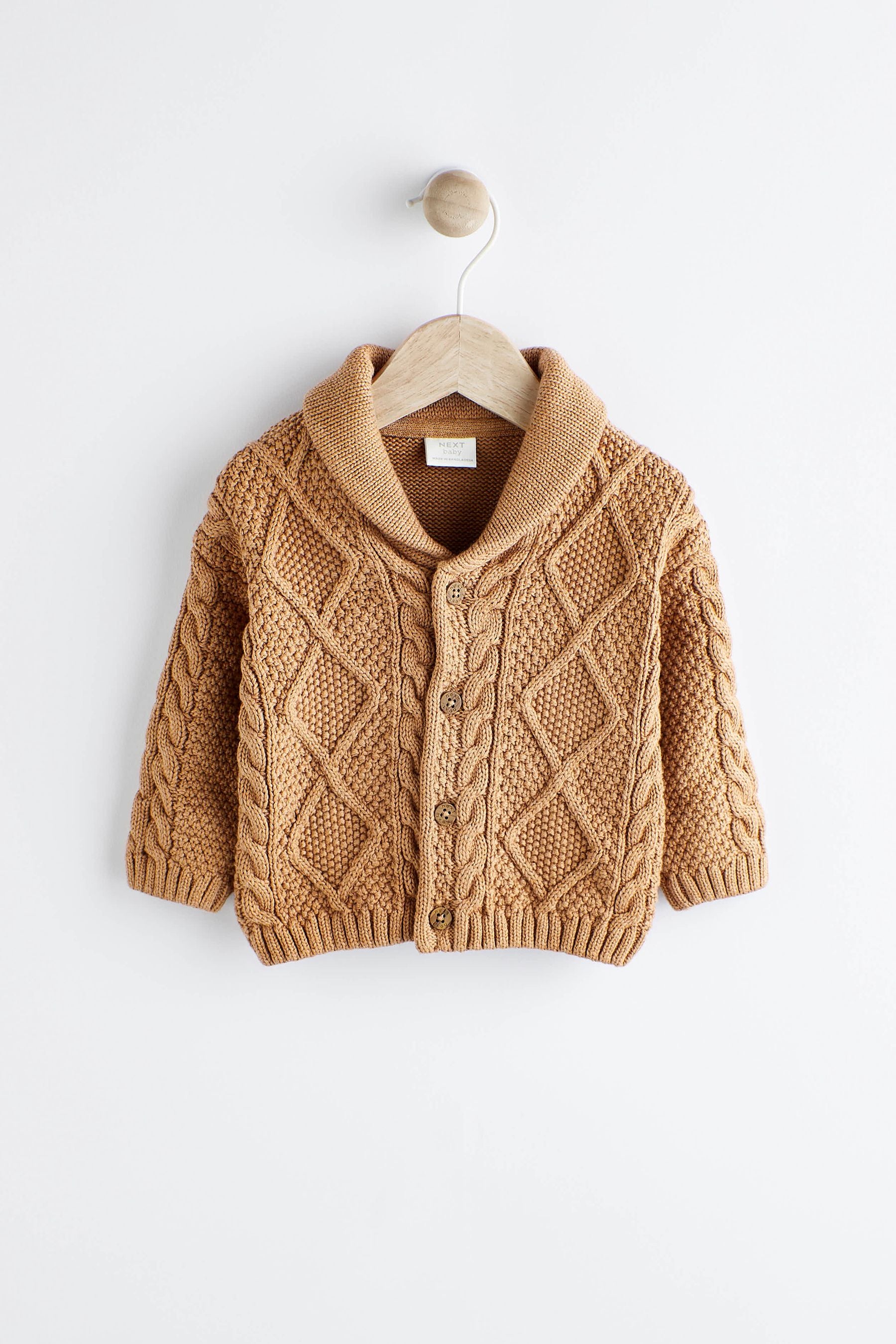 Tan Brown Cable Knitted Baby Cardigan (0mths-2yrs)