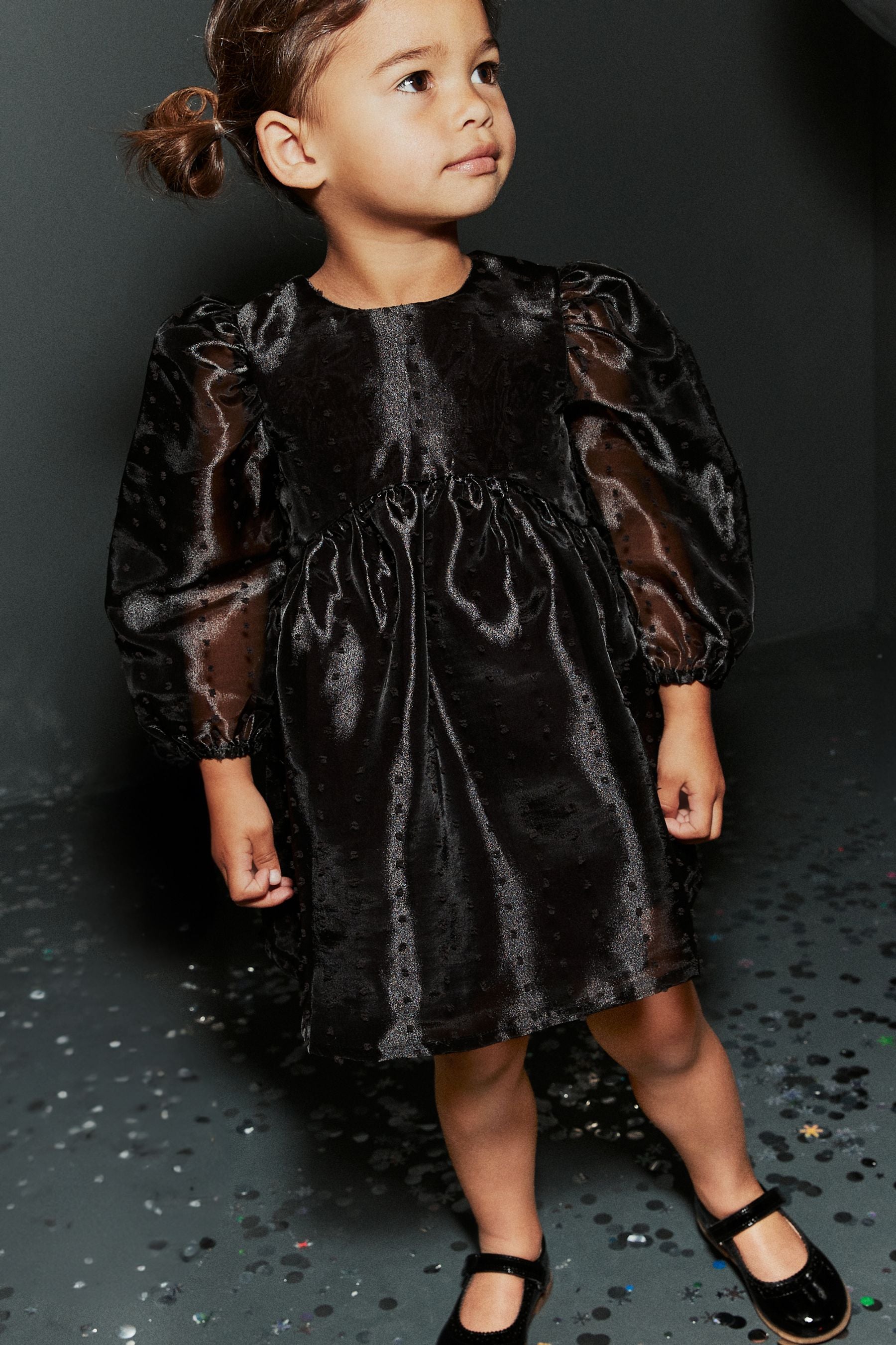 Black Dobby Organza Volume Sleeve Dress (12mths-8yrs)