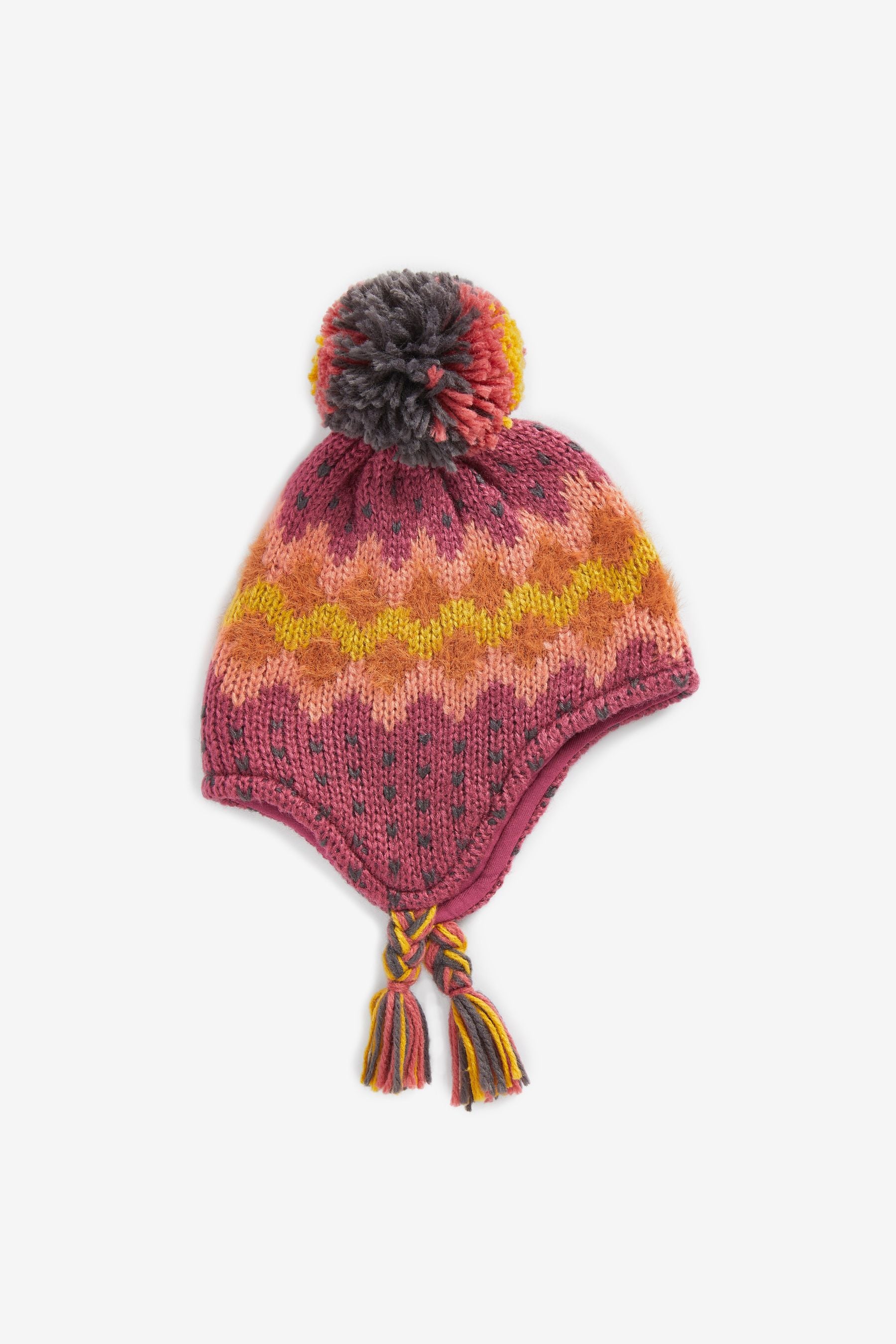 Berry Red Fairisle Knitted Trapper Hat (3mths-13yrs)