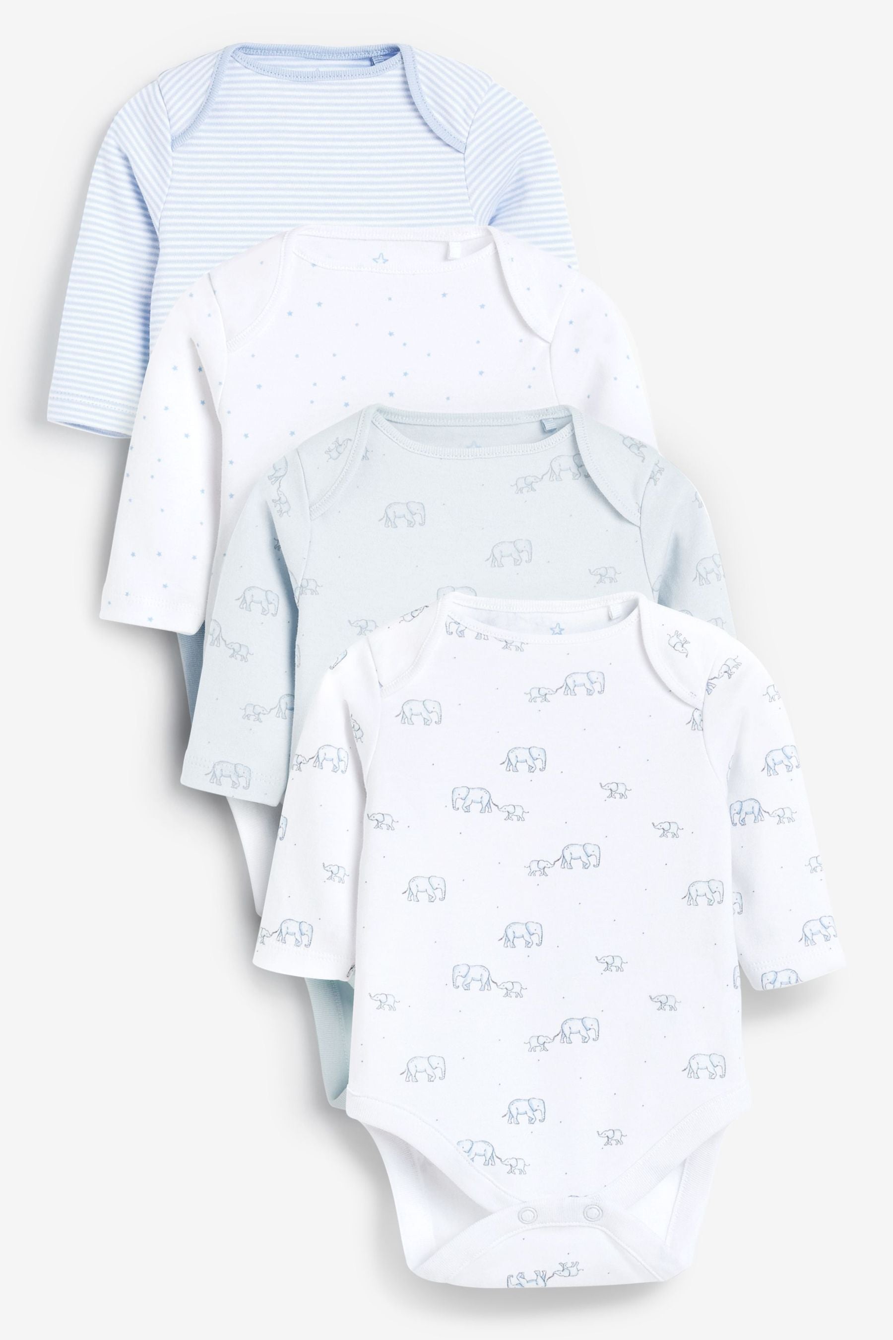 Pale Blue 4 Pack Elephant Long Sleeve Bodysuits (0-3yrs)