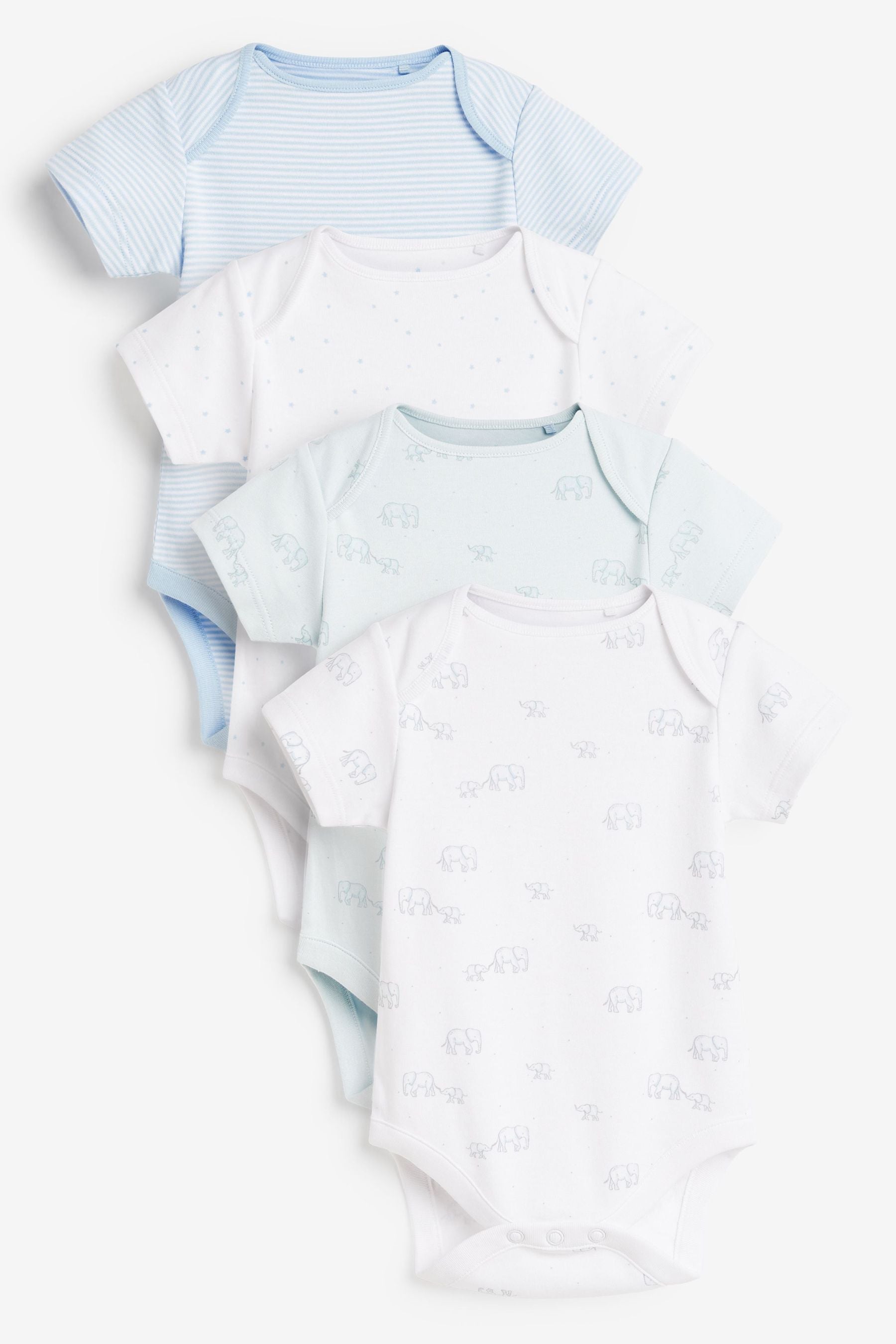 Pale Blue 4 Pack Cotton Elephant Short Sleeve Baby Bodysuits (0mths-3yrs)