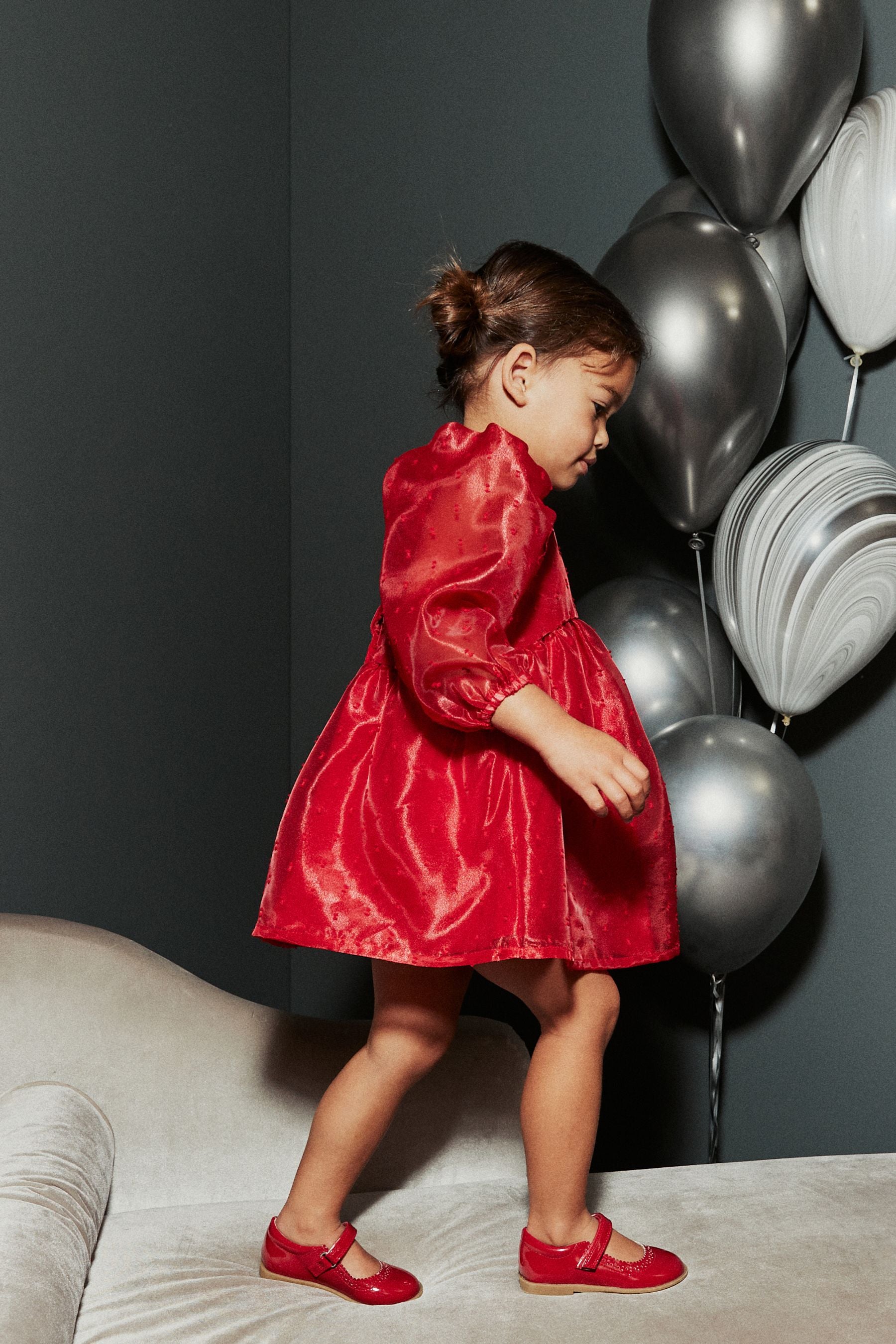 Red Dobby Organza Volume Sleeve Dress (12mths-8yrs)