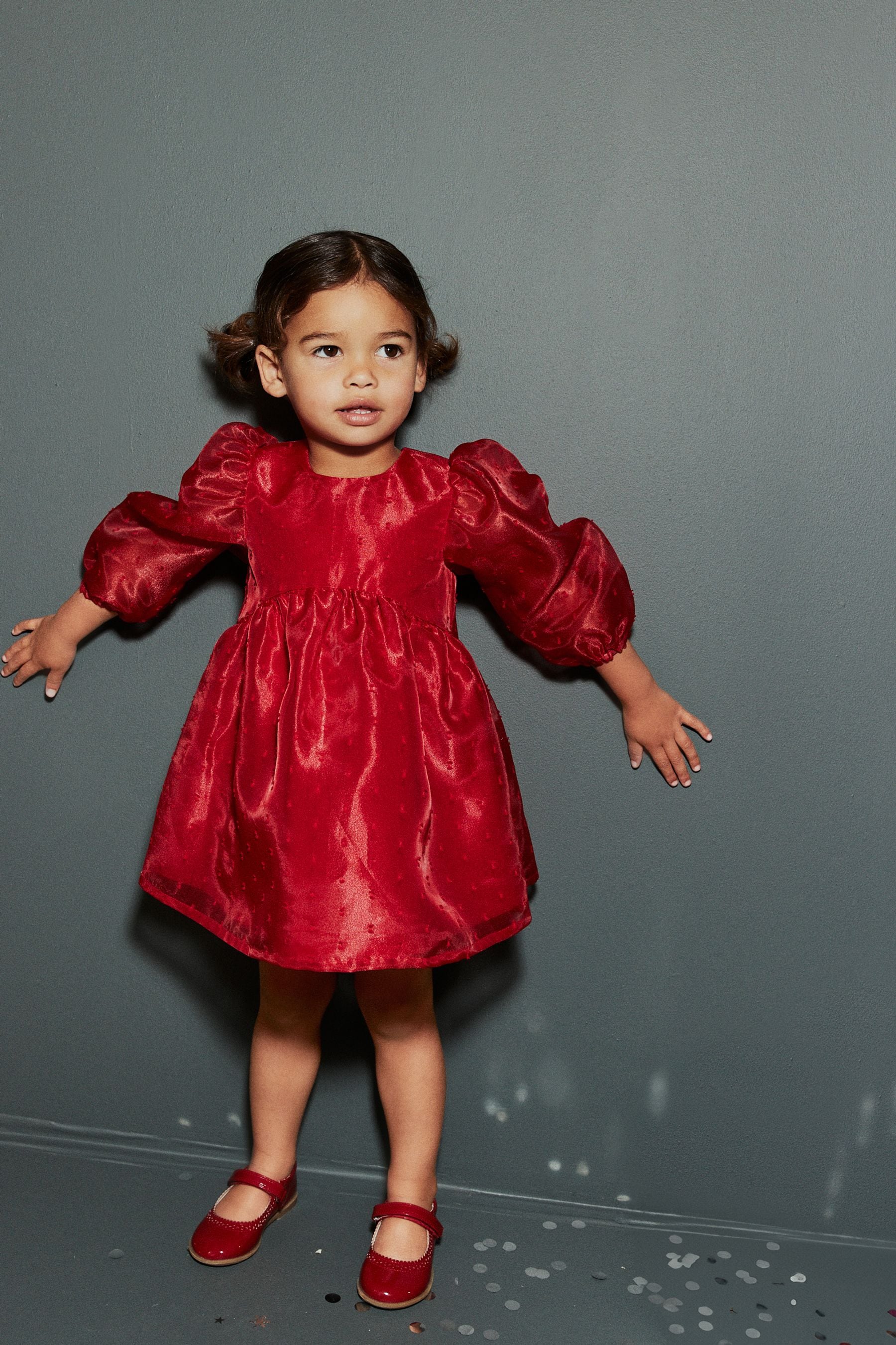 Red Dobby Organza Volume Sleeve Dress (12mths-8yrs)