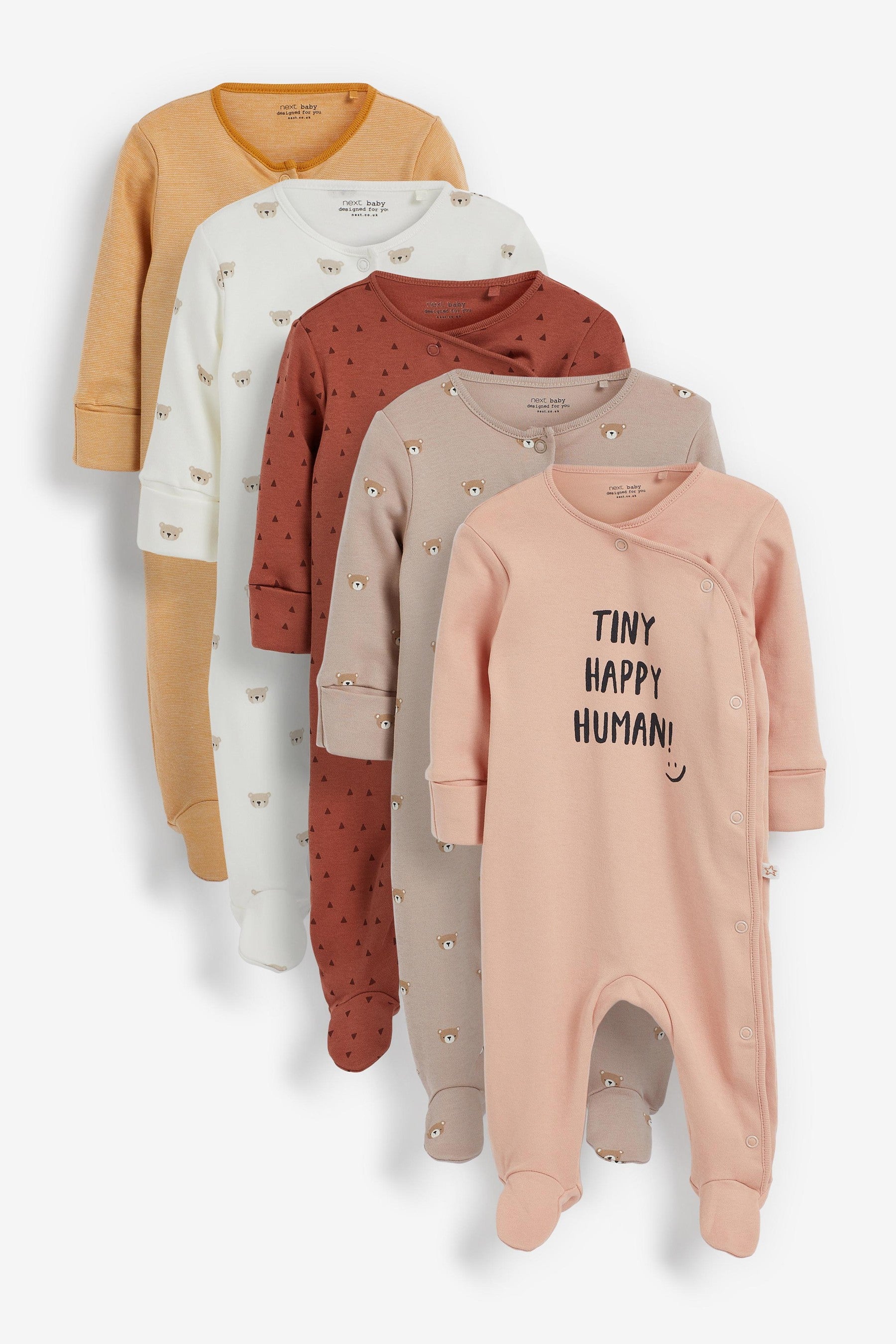 Tan Bear Baby 5 Pack Printed Sleepsuits (0-2yrs)