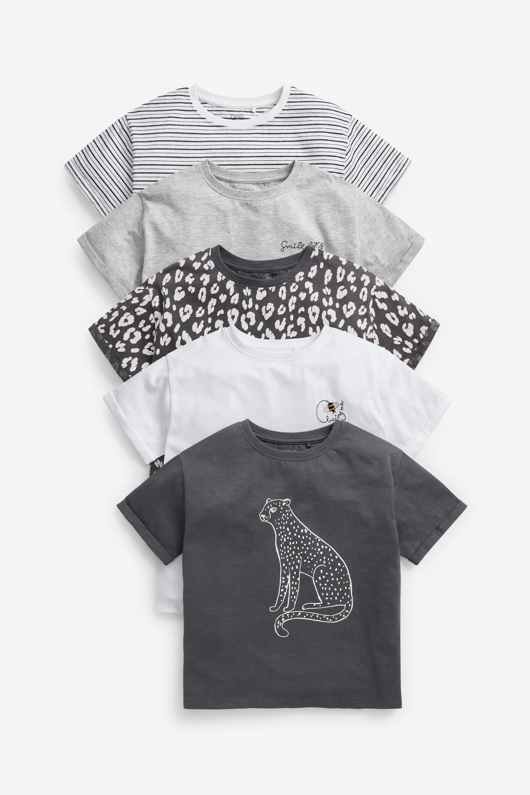 Black/Grey 5 Pack Leopard Short Sleeve T-Shirts (3-16yrs)