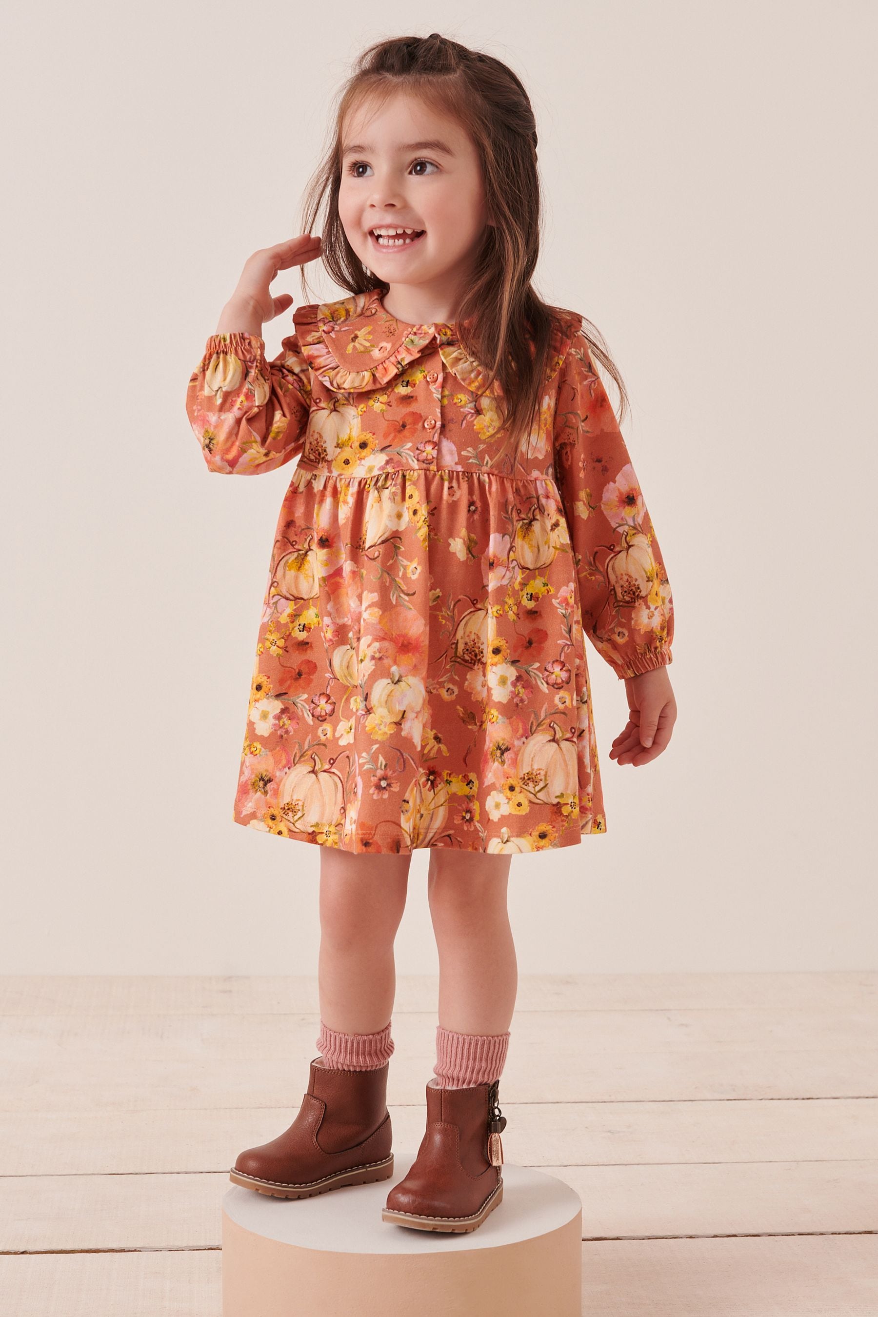 Pumpkin Print Long Sleeve Tea Dress (3mths-7yrs)