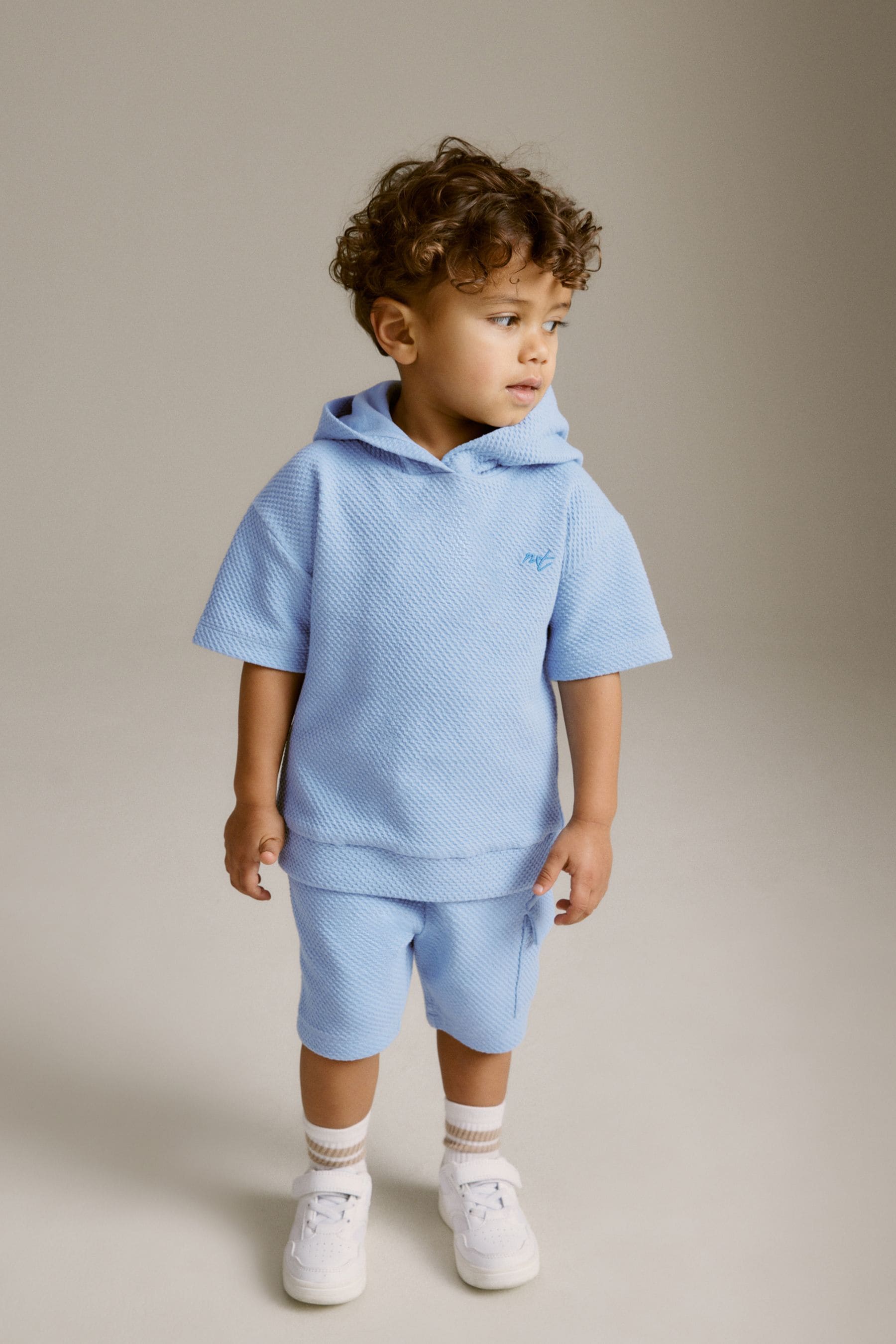 Teal Blue Short Sleeve Textured Hoodie and Shorts Set (3mths-7yrs)