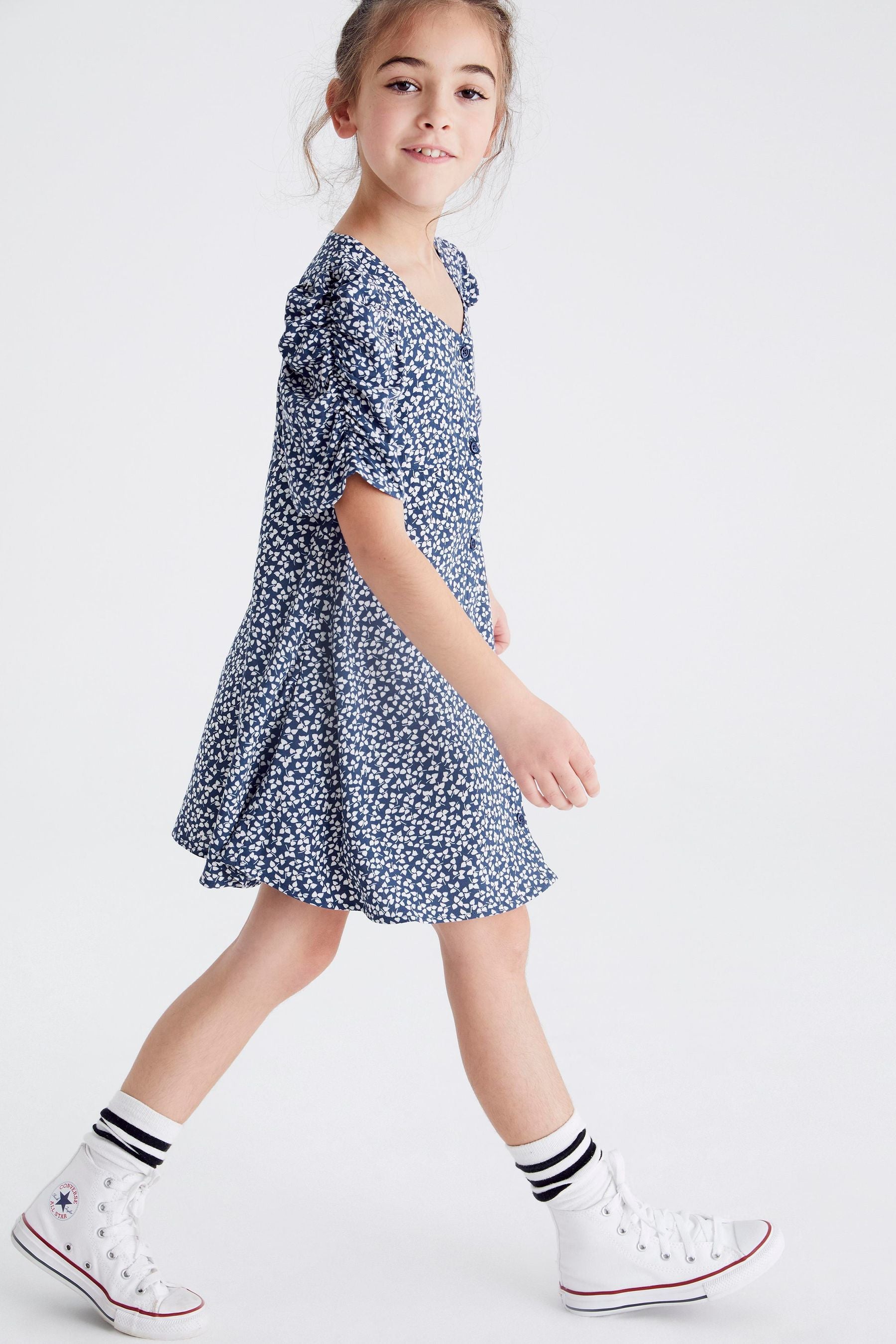 Blue Ditsy Ruched Sleeve Tea Dress (3-16yrs)