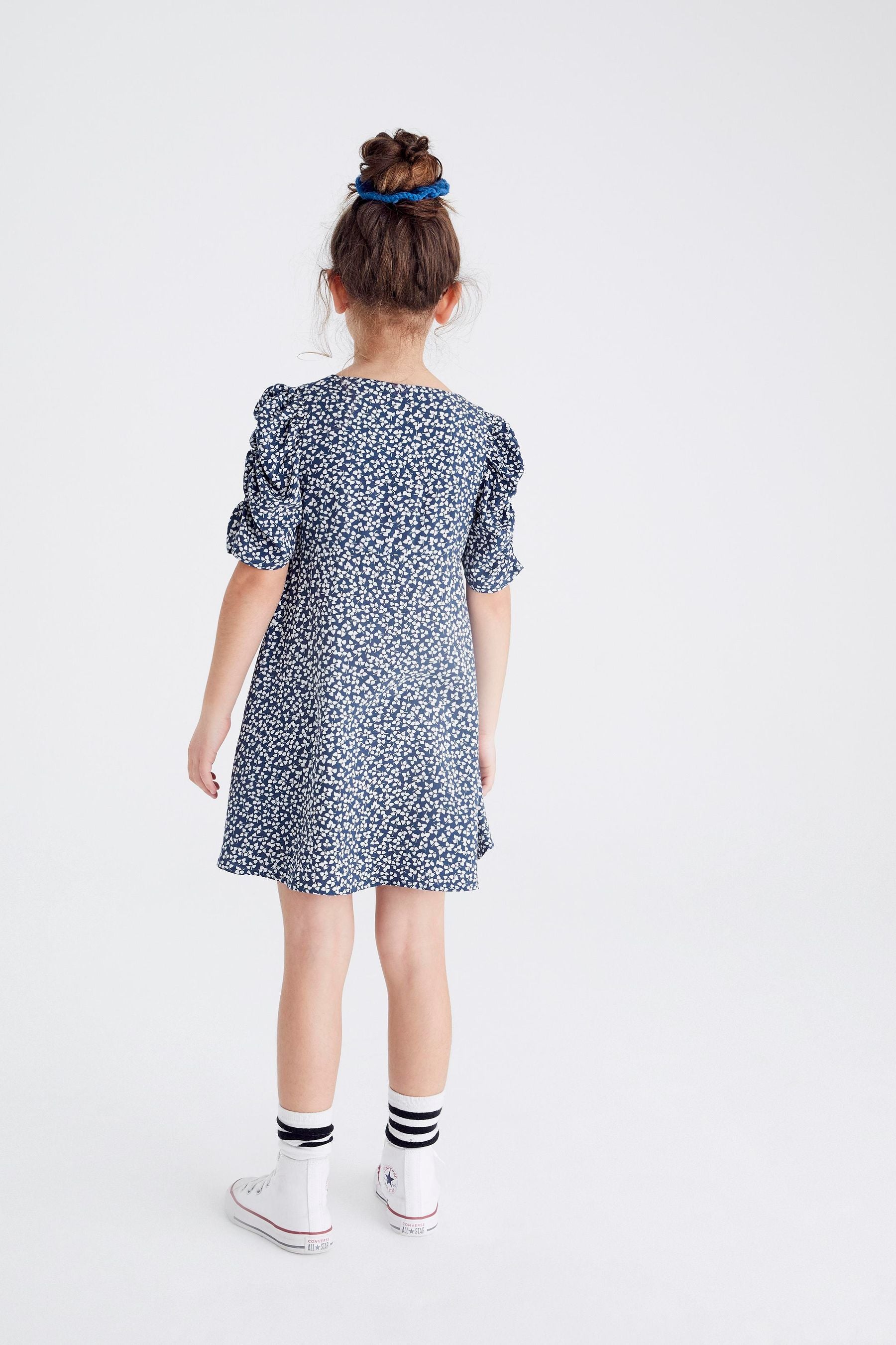 Blue Ditsy Ruched Sleeve Tea Dress (3-16yrs)