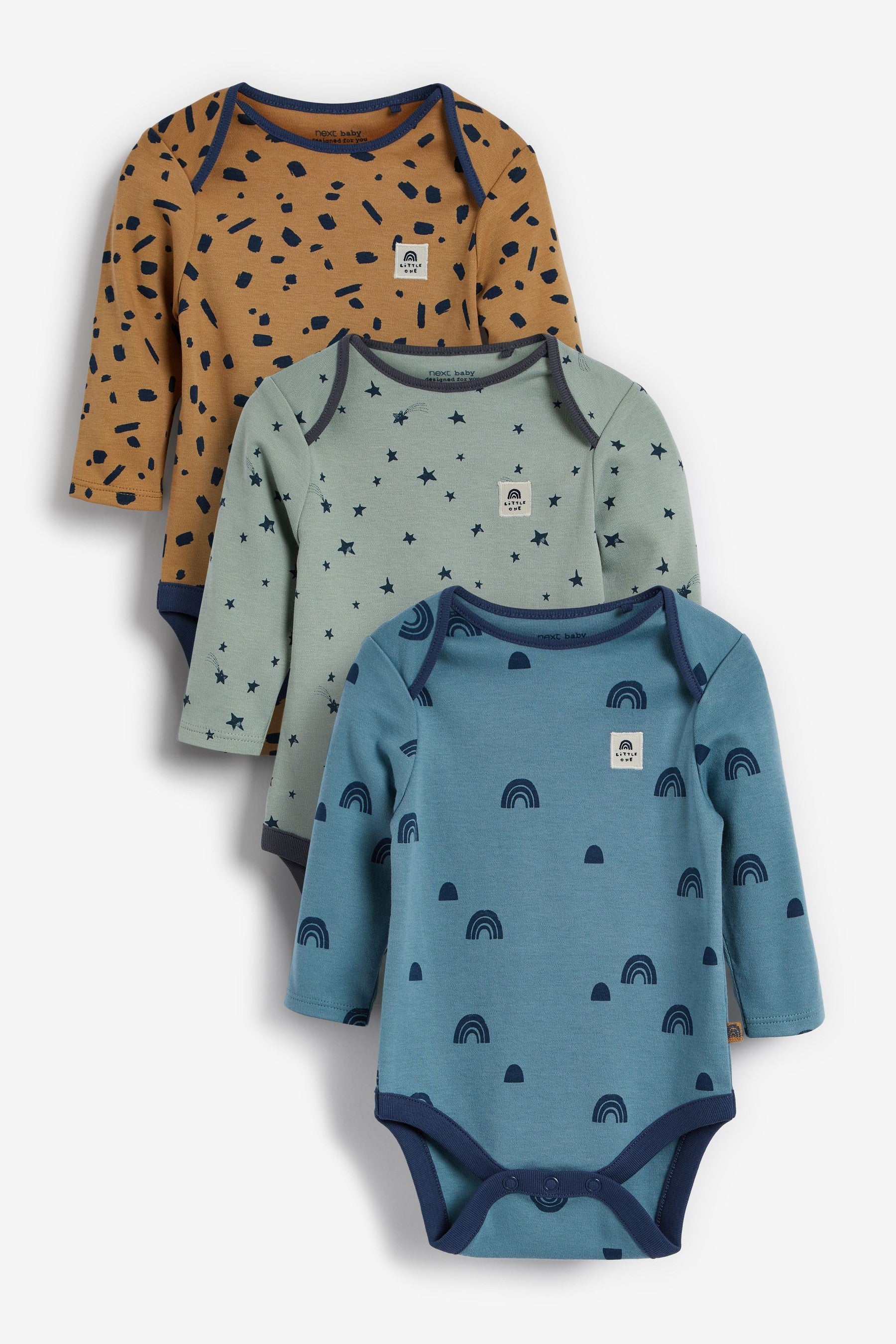 Blue Mini Print Baby Long Sleeve Bodysuits 3 Pack