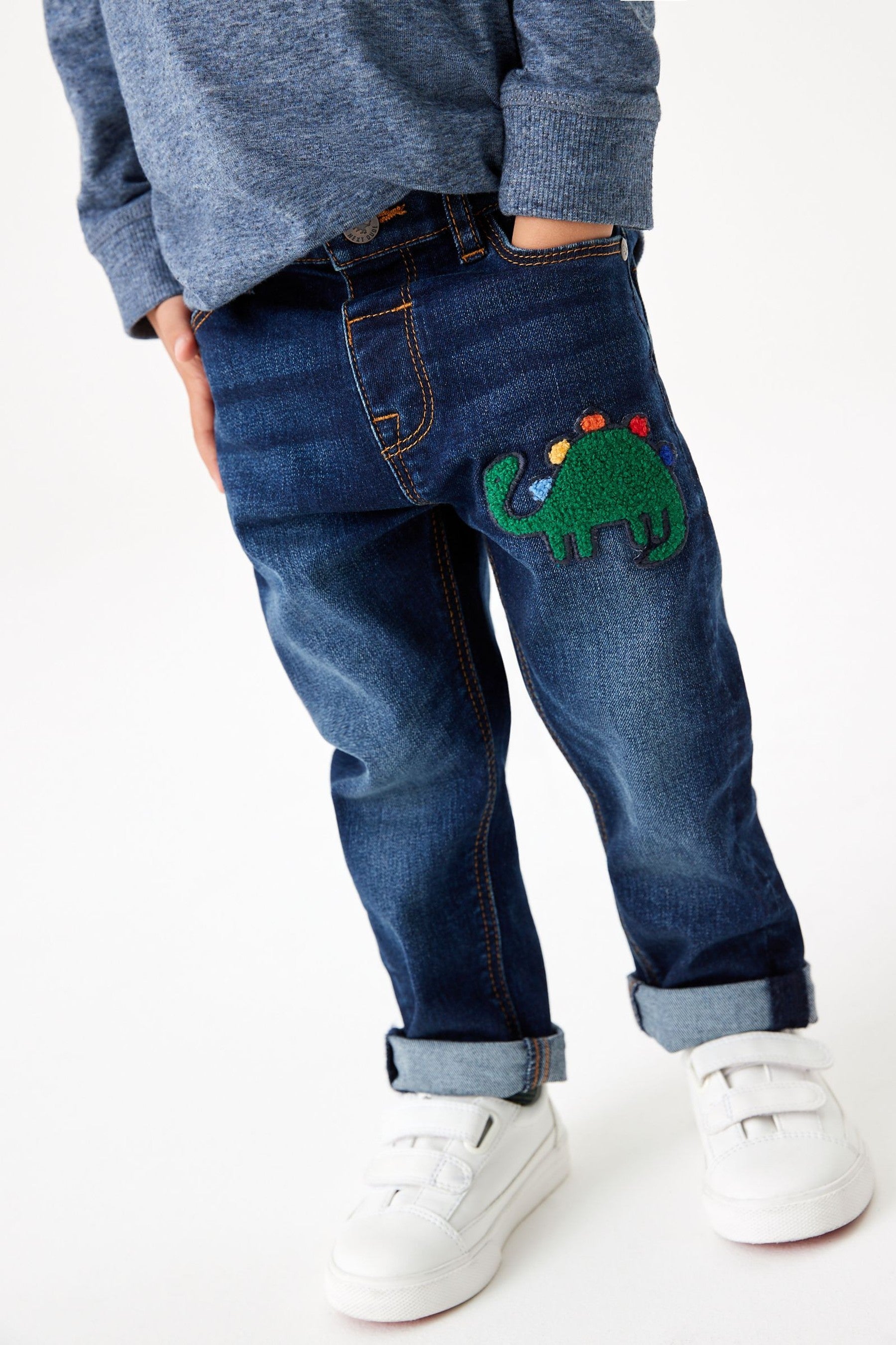 Indigo Blue Dinosaur Slim Fit Five Pocket Jeans With Stretch (3mths-7yrs)