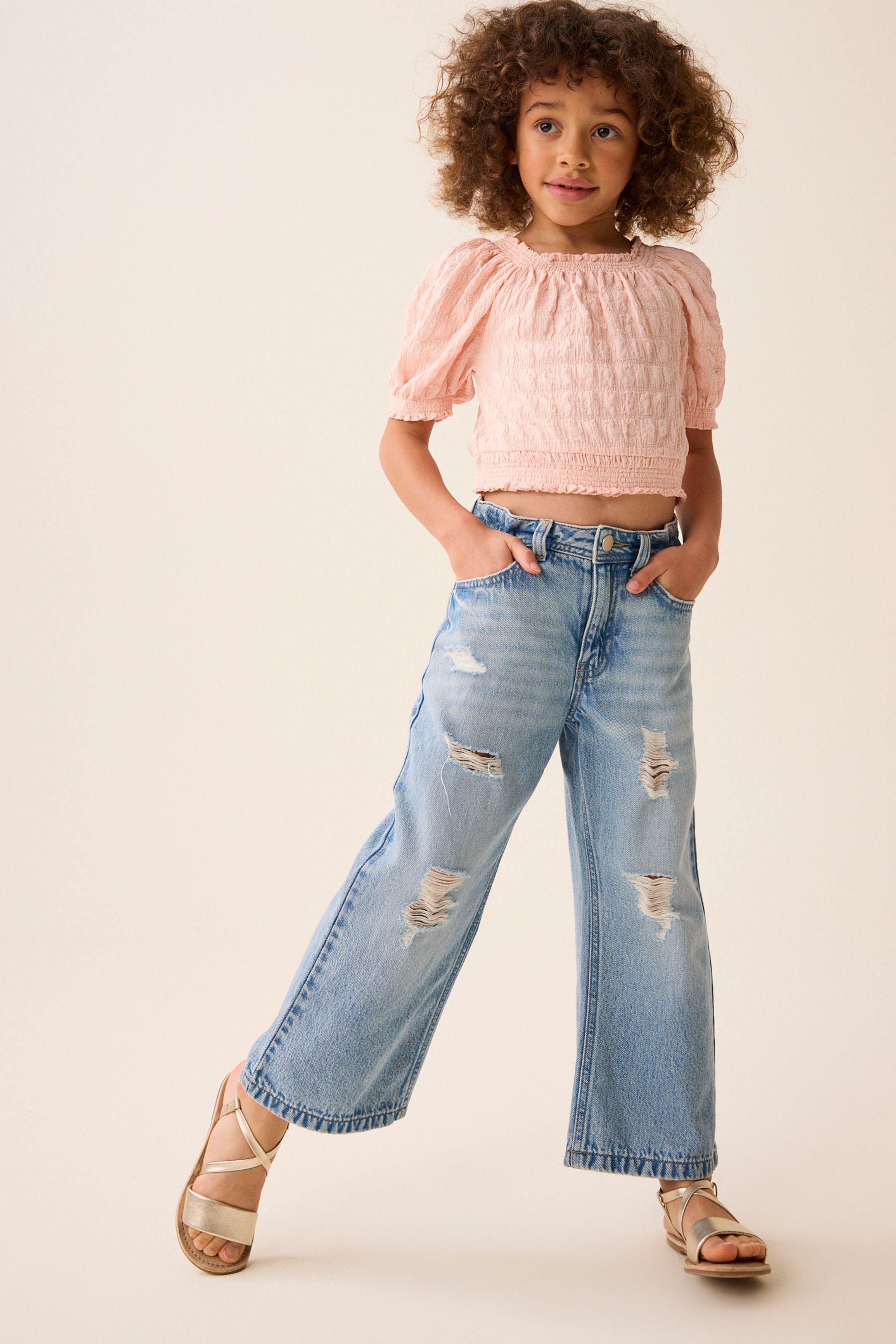 Pink Bubble Textured Bardot Crop Top (3-16yrs)