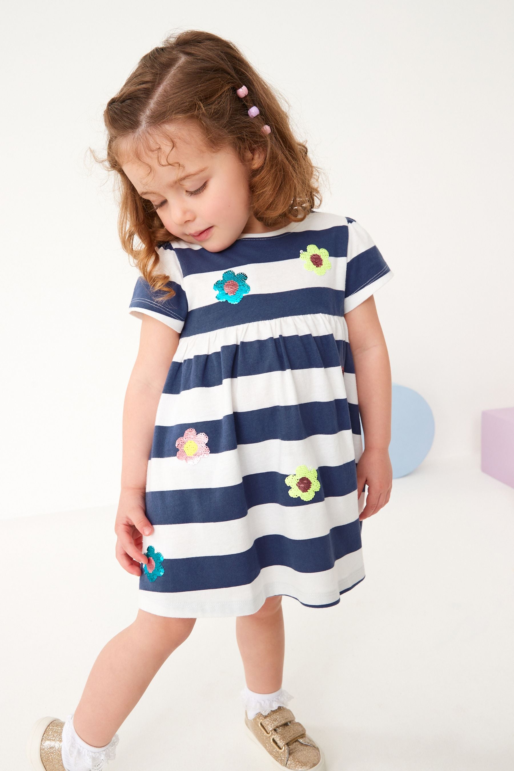 Navy Stripe Sequin Short Sleeve Jersey Dress (3mths-7yrs)