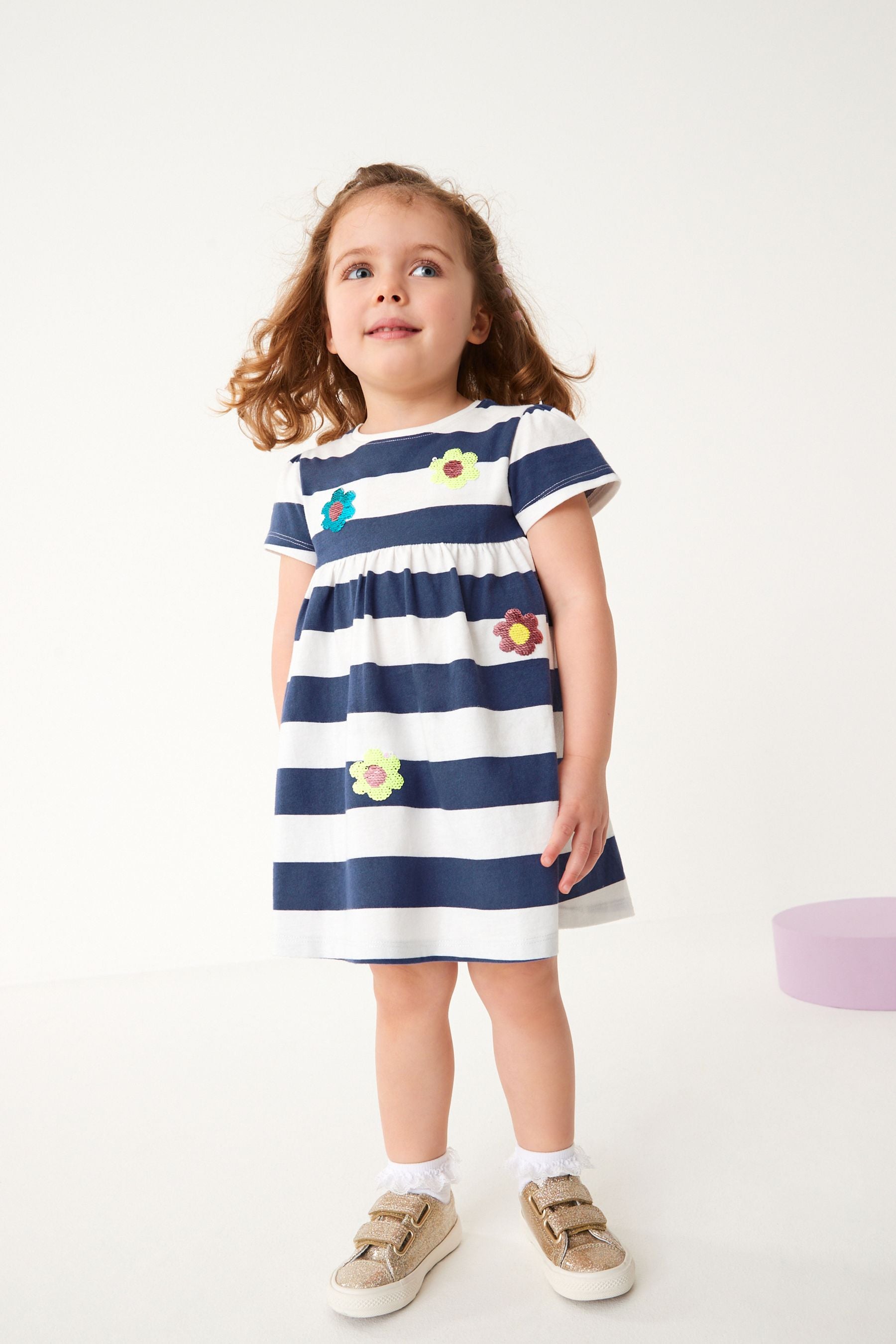 Navy Stripe Sequin Short Sleeve Jersey Dress (3mths-7yrs)