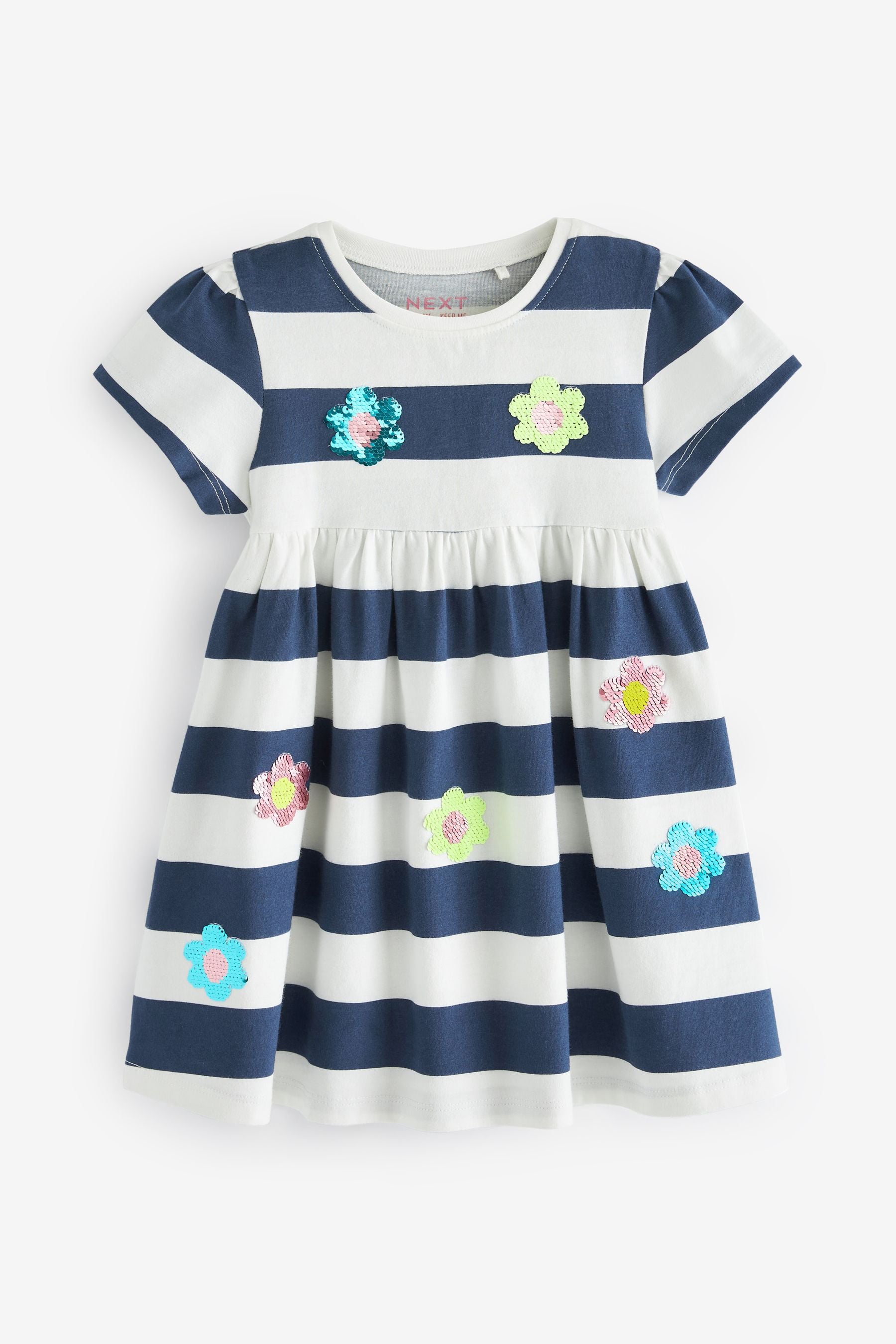 Navy Stripe Sequin Short Sleeve Jersey Dress (3mths-7yrs)