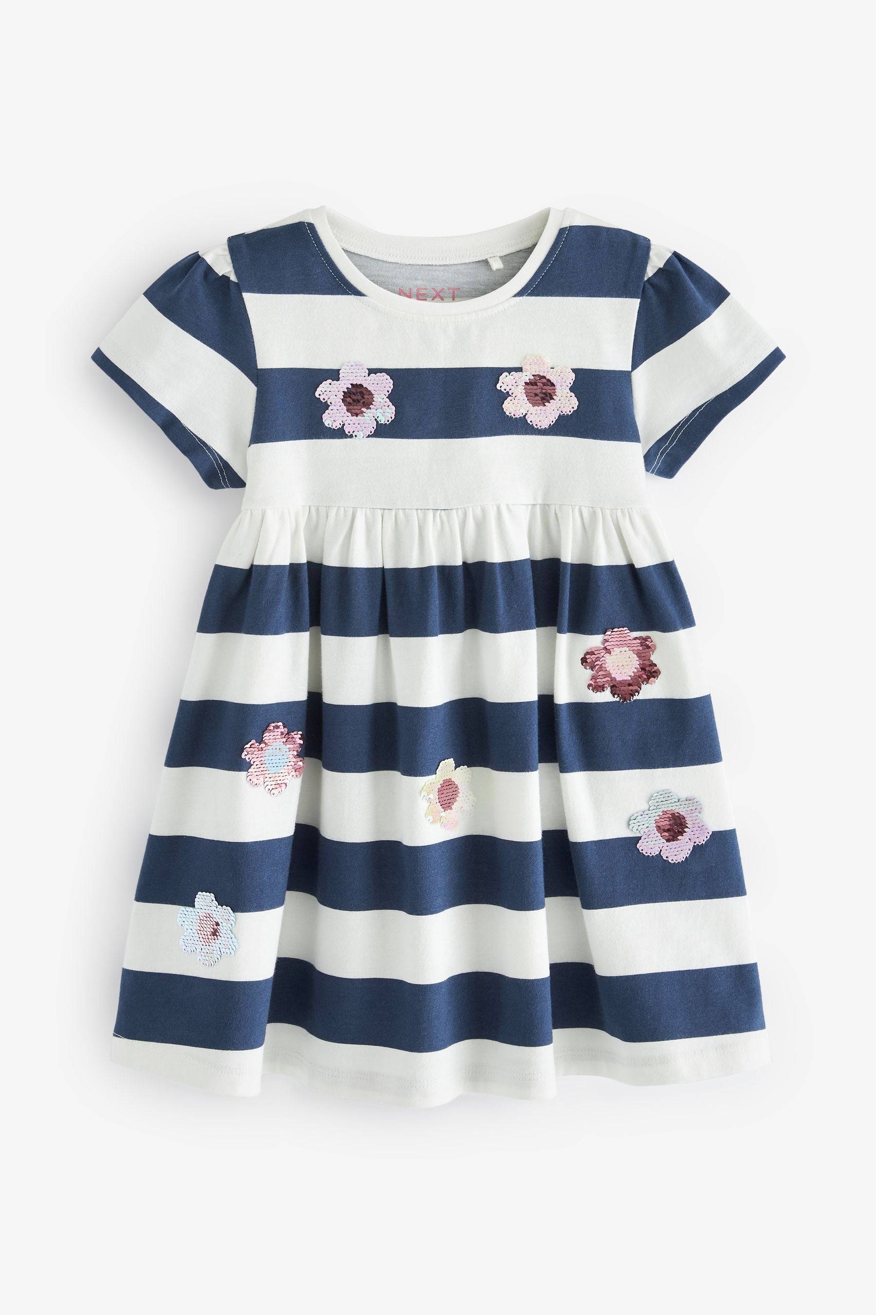 Navy Stripe Sequin Short Sleeve Jersey Dress (3mths-7yrs)