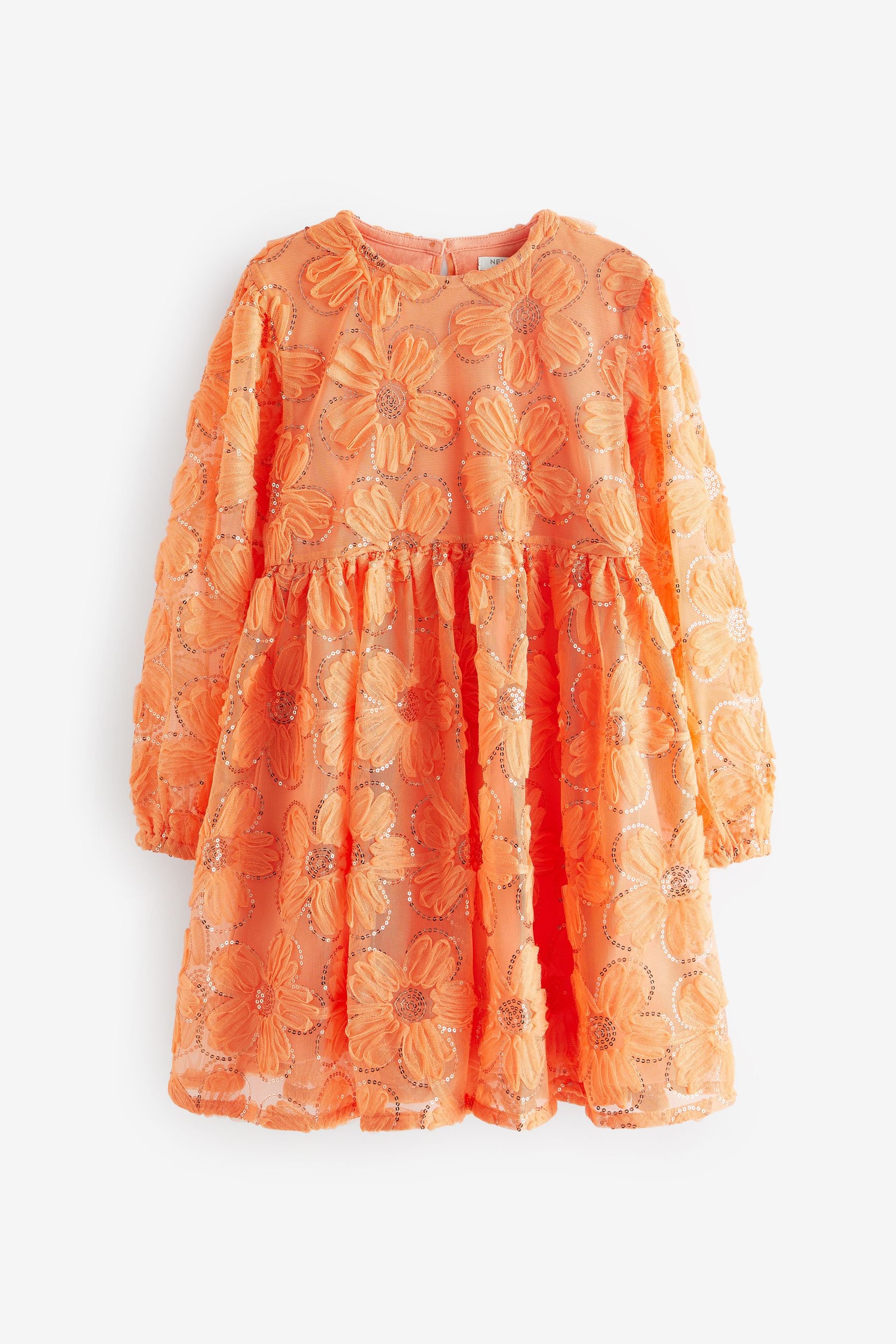 Apricot Orange 3D Floral Mesh Sequin Long Sleeve Party Dress (3-16yrs)