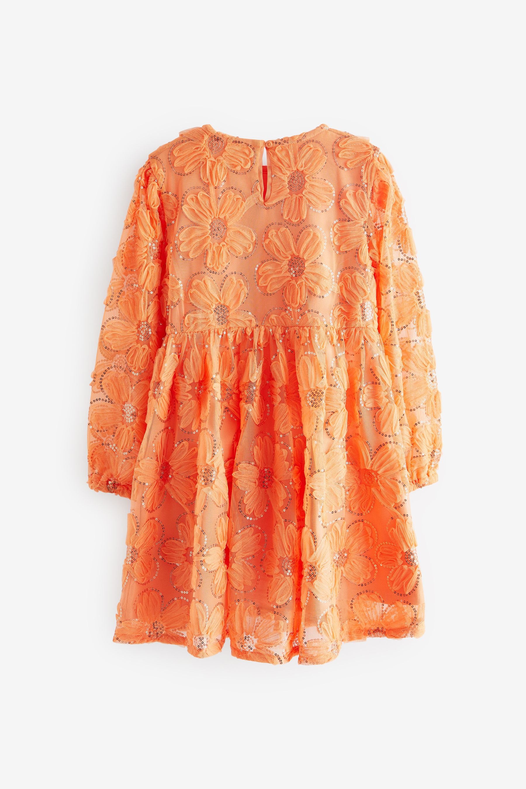 Apricot Orange 3D Floral Mesh Sequin Long Sleeve Party Dress (3-16yrs)