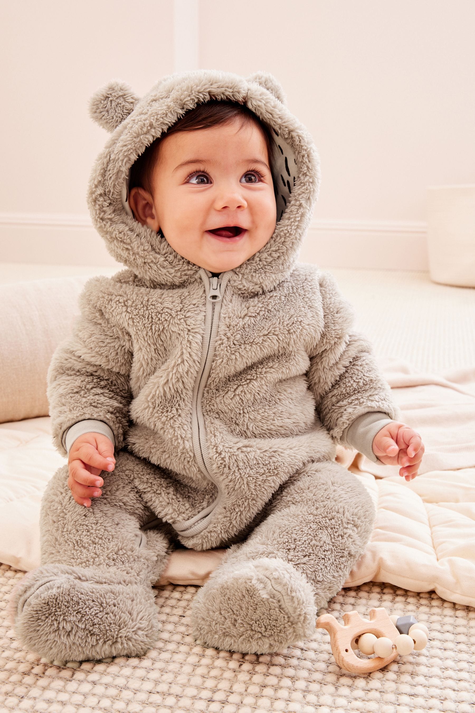 Mink Brown All-In-One Teddy Borg Fleece Baby Pramsuit