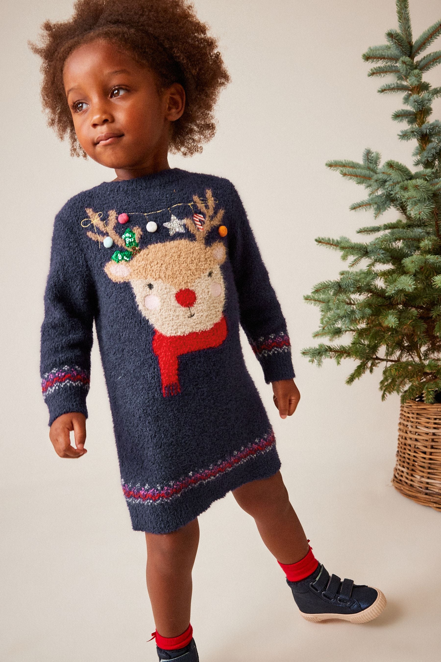 Navy Blue Reindeer Jumper Dress (3mths-7yrs)