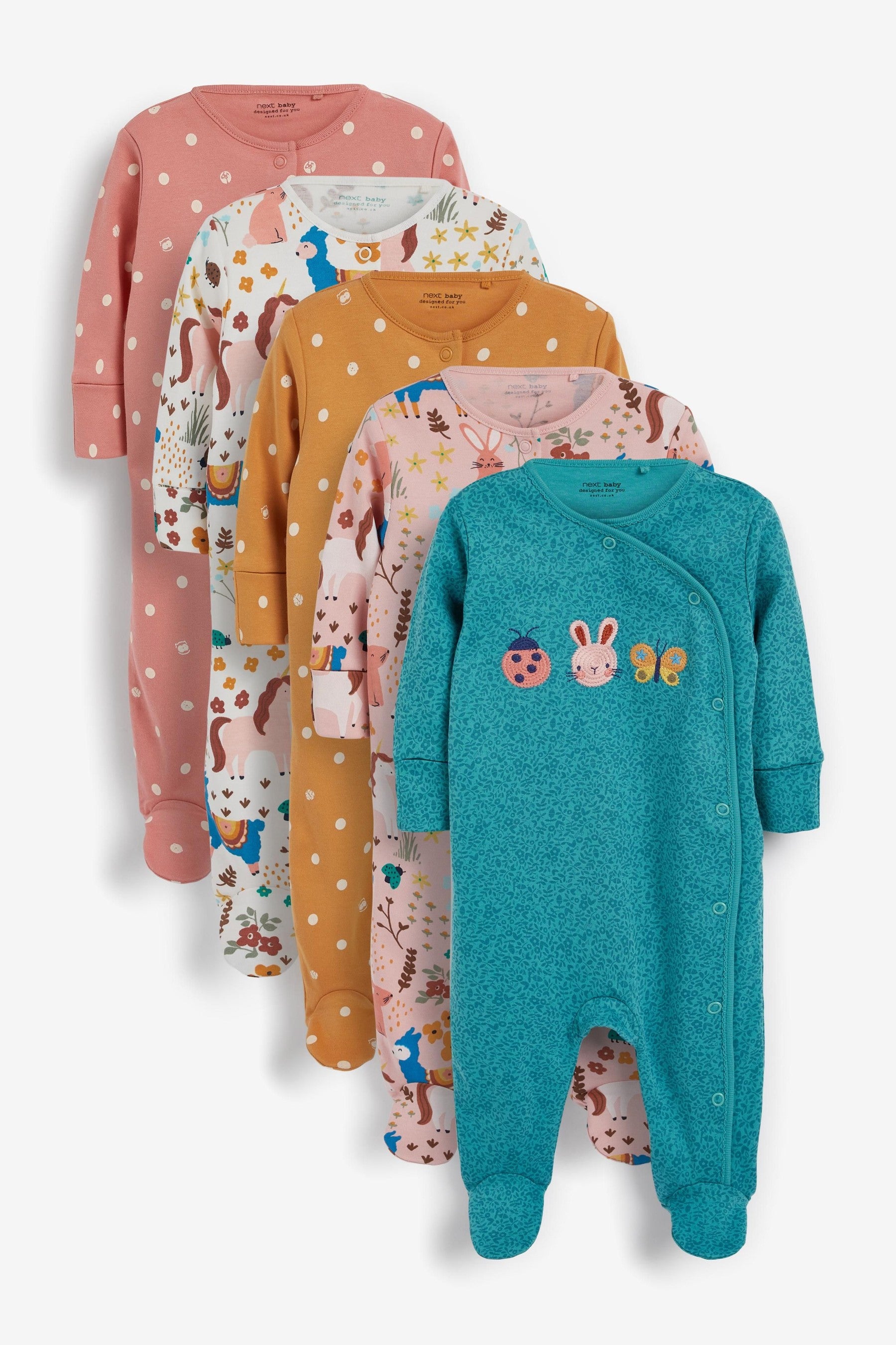 Teal Blue Bright Applique Baby 5 Pack Sleepsuits (0mths-2yrs)