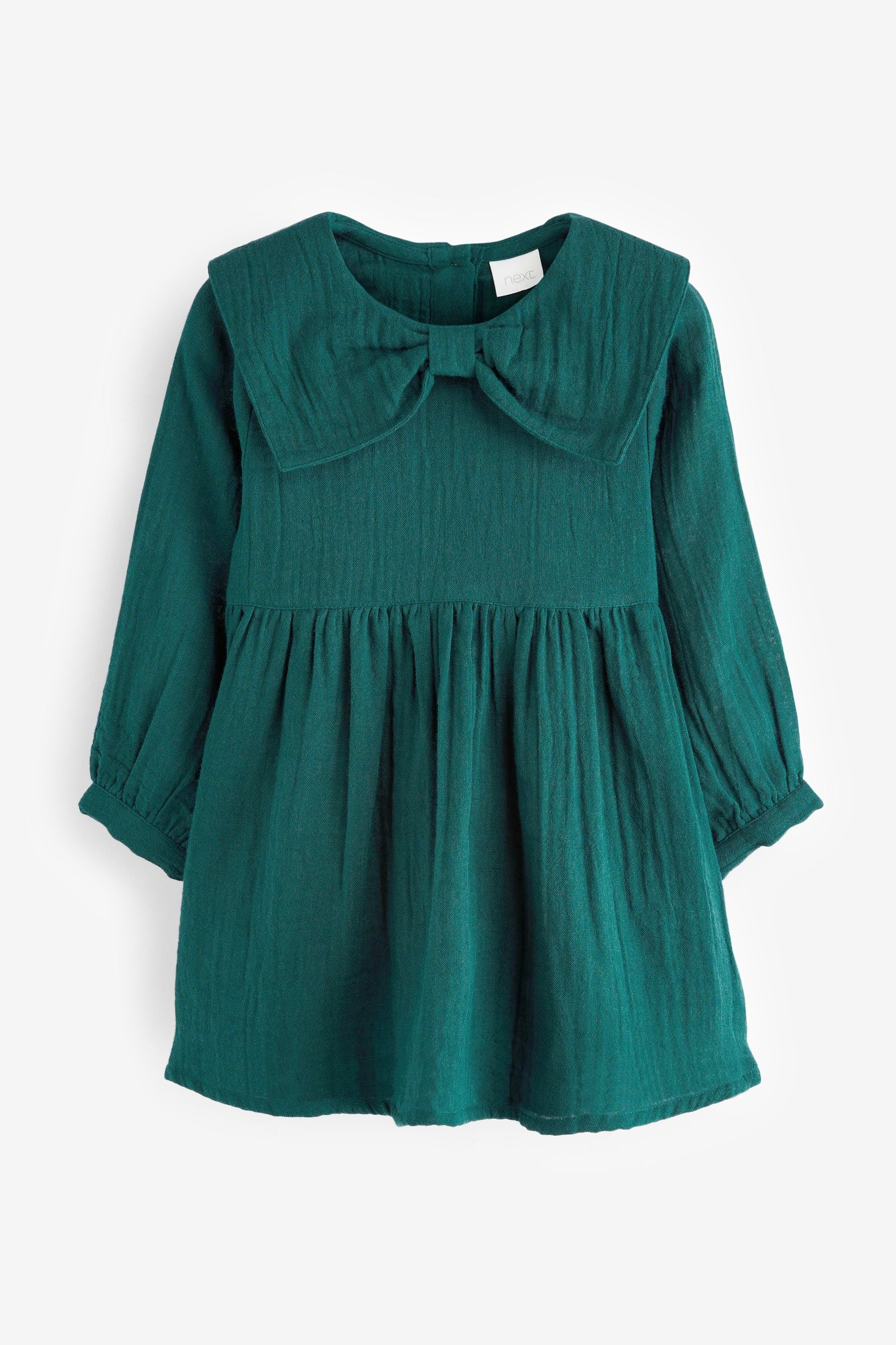 Teal Blue Bow Collar Long Sleeve Cotton Dress (3mths-7yrs)