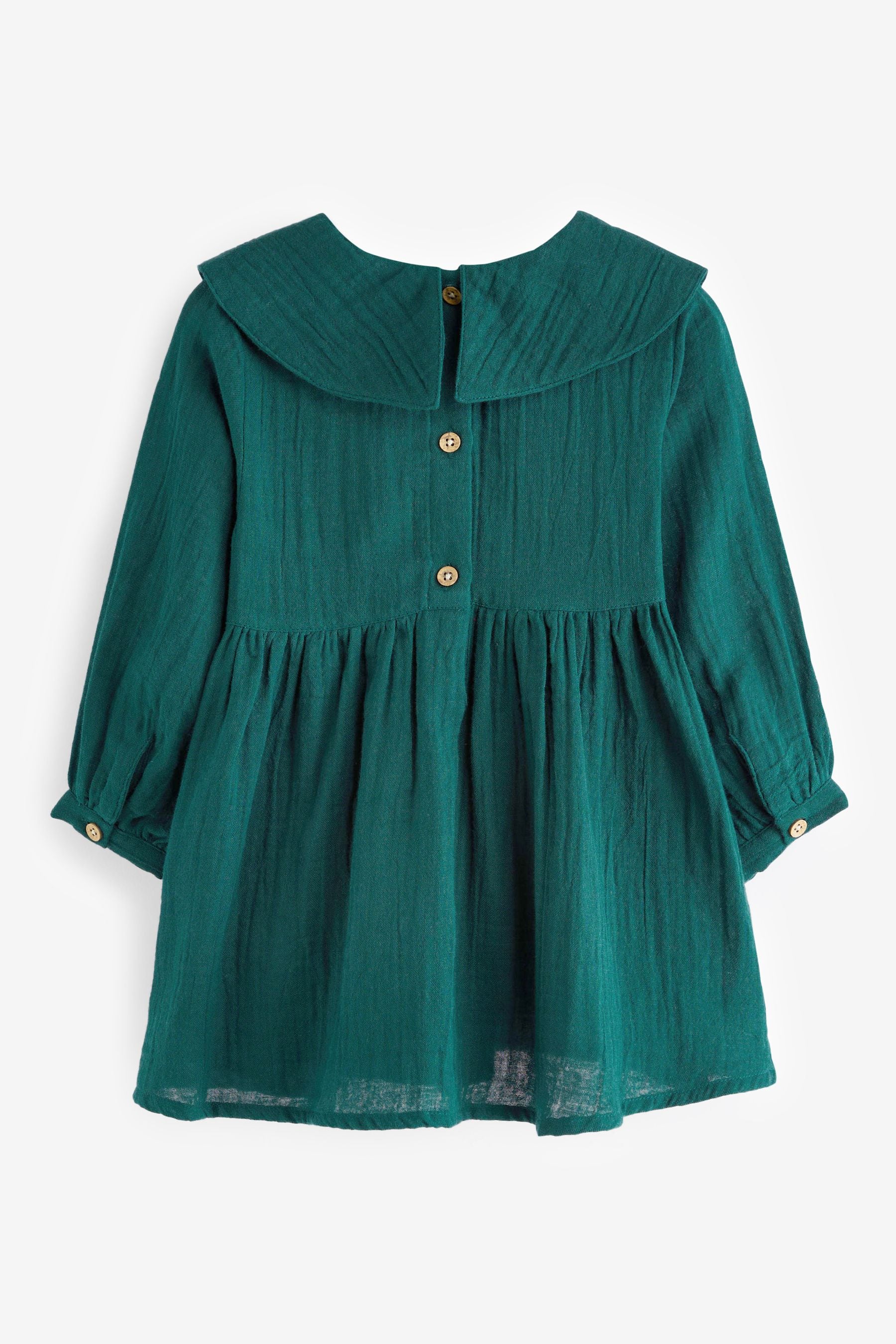 Teal Blue Bow Collar Long Sleeve Cotton Dress (3mths-7yrs)