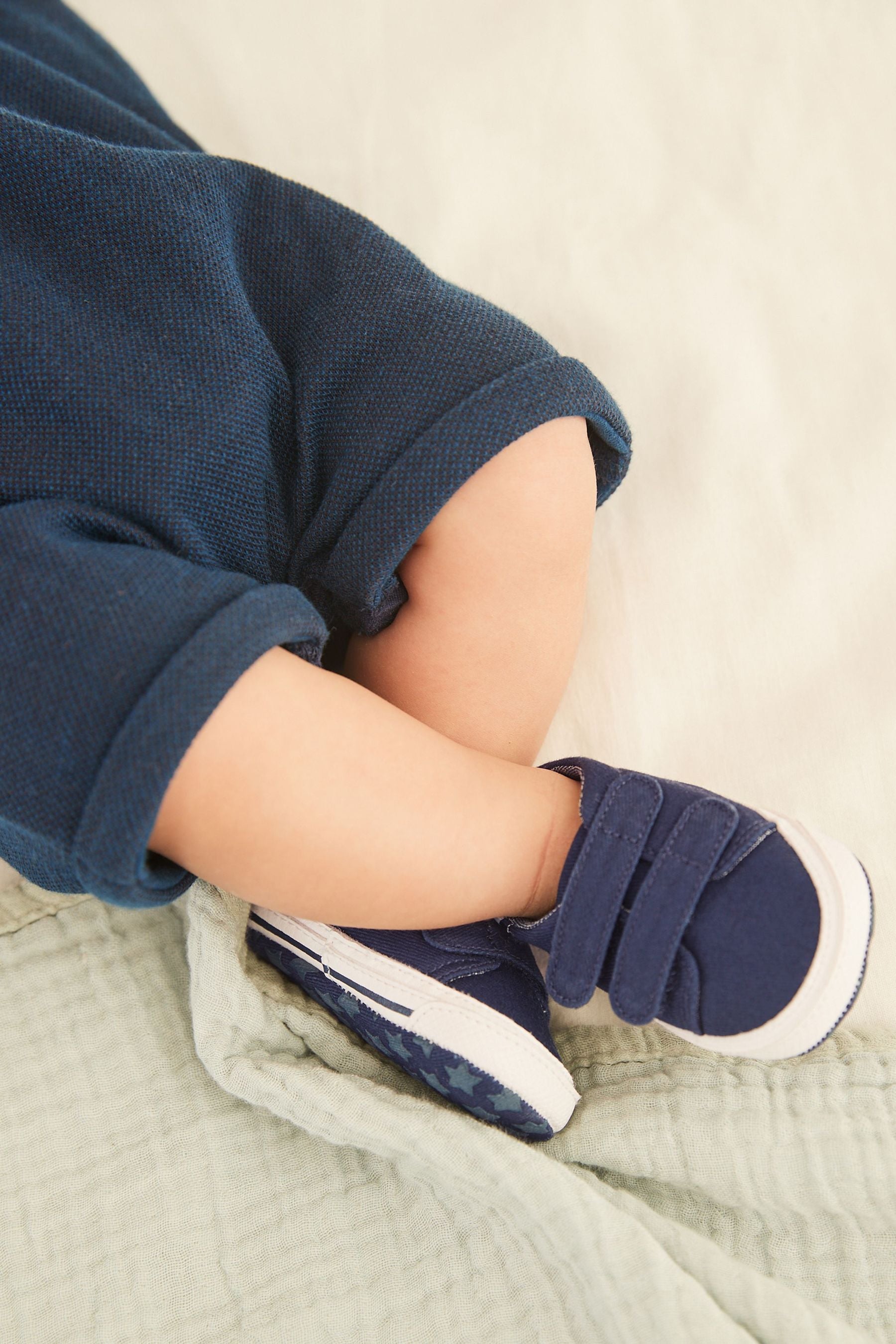 Navy Blue Tape Two Strap Baby Pram Shoes (0-24mths)