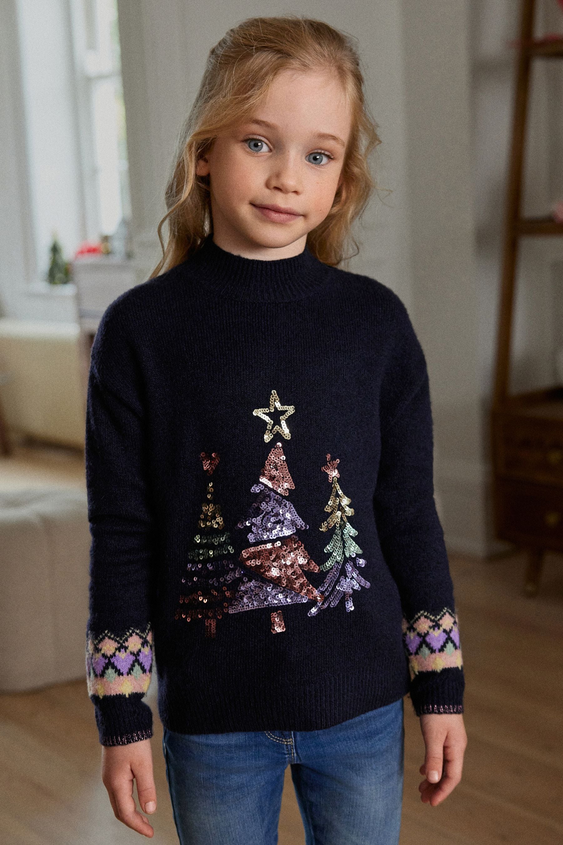 Navy Blue Christmas Tree Matching Family Older Girls Jumper (3-16yrs)