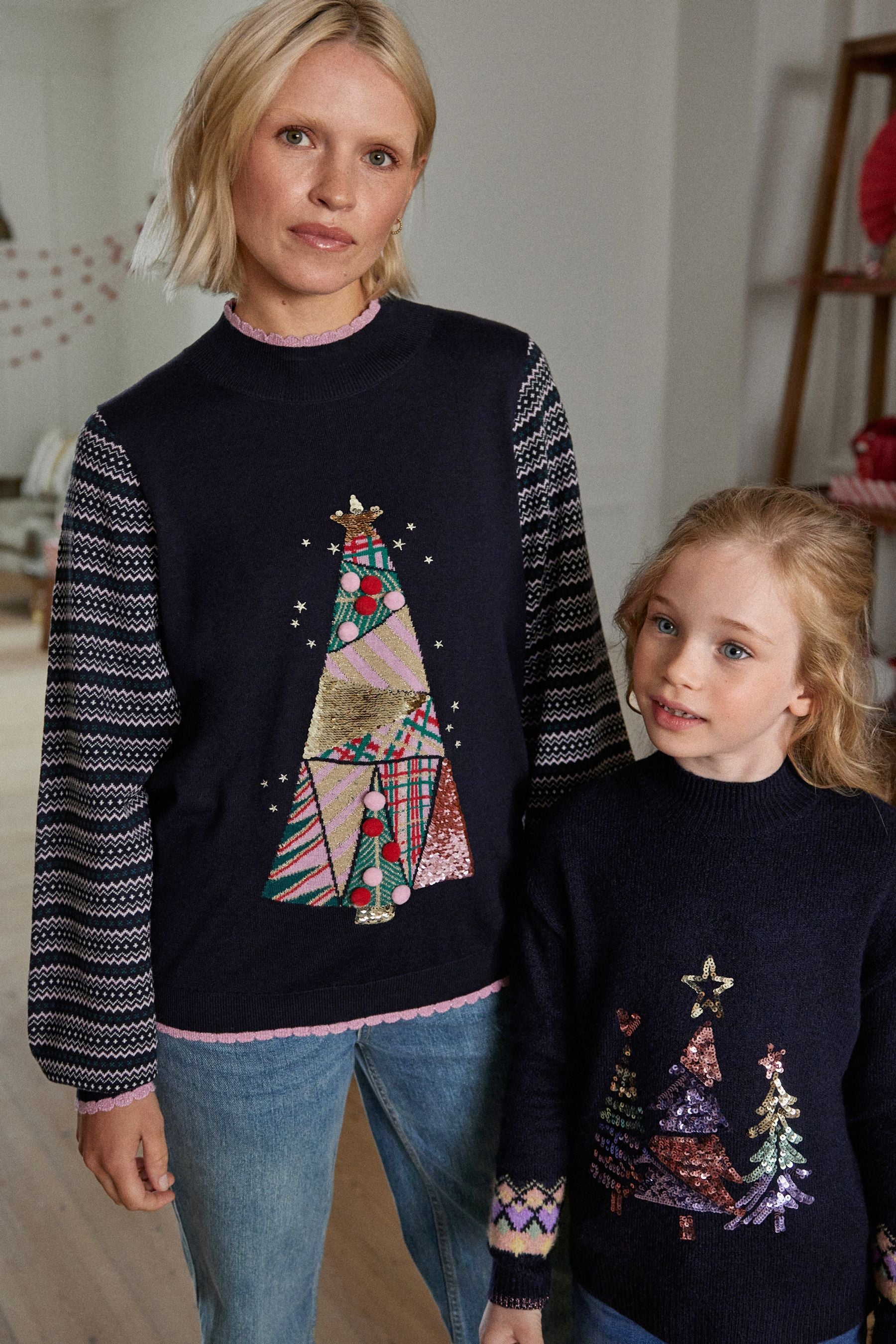 Navy Blue Christmas Tree Matching Family Older Girls Jumper (3-16yrs)