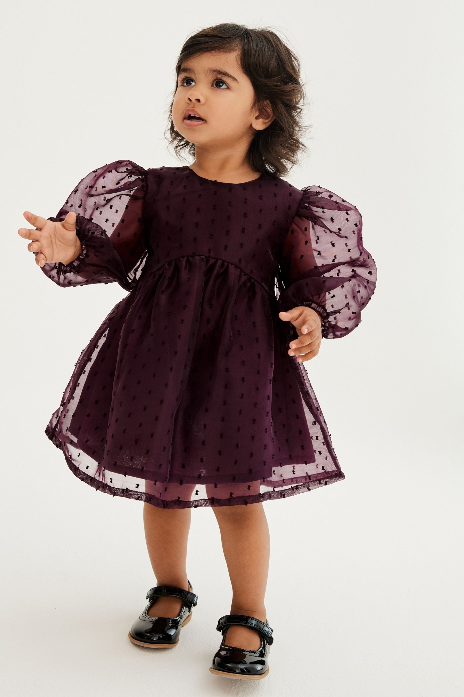 Berry Red Dobby Organza Volume Sleeve Dress (12mths-8yrs)