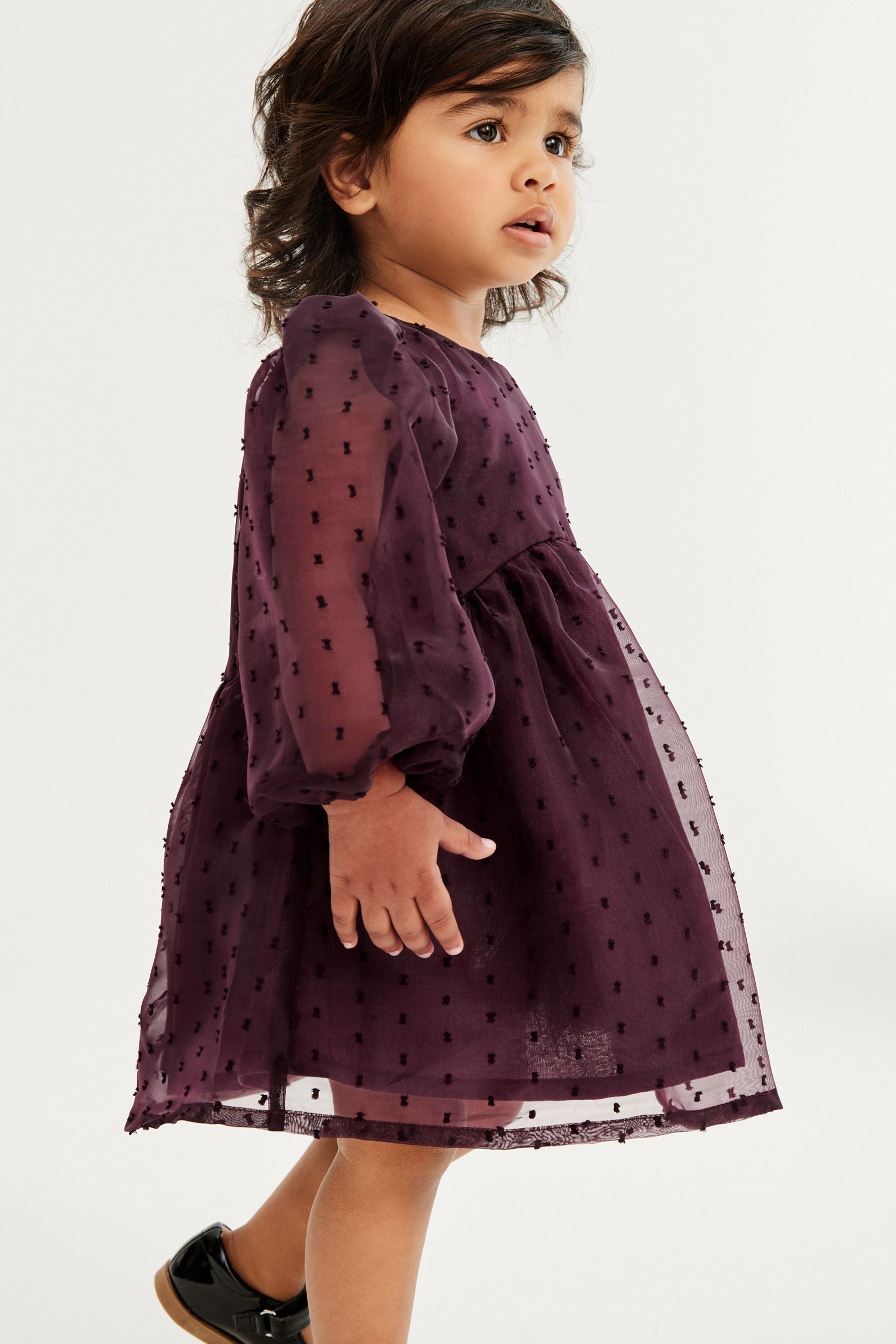 Berry Red Dobby Organza Volume Sleeve Dress (12mths-8yrs)