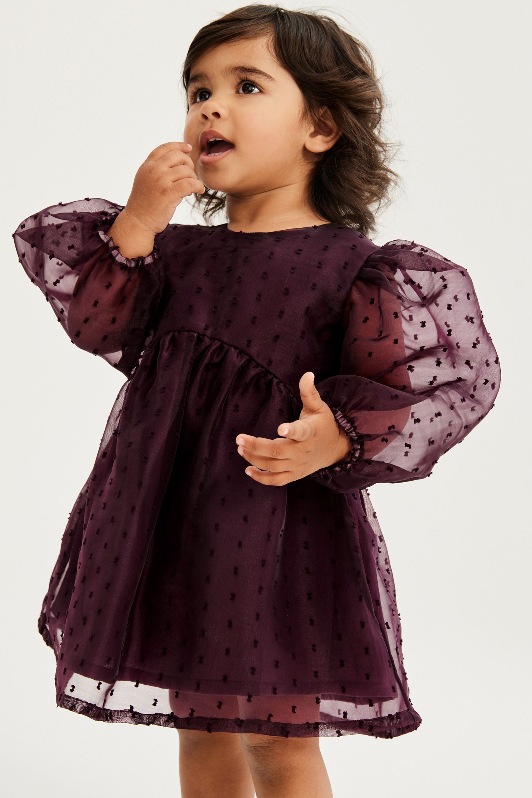 Berry Red Dobby Organza Volume Sleeve Dress (12mths-8yrs)