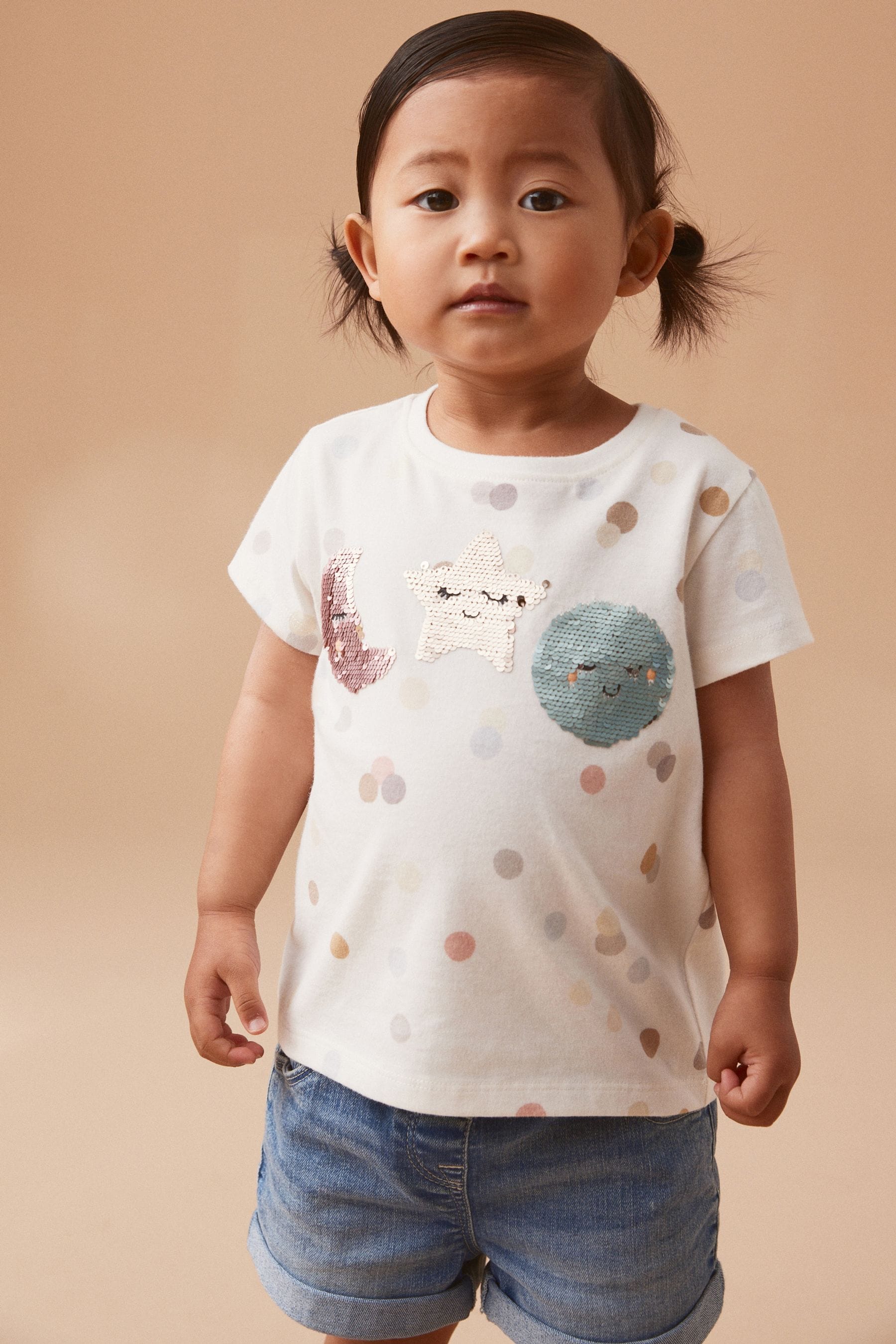 Cream Moon and Stars Short Sleeve Sequin T-Shirt (3mths-7yrs)