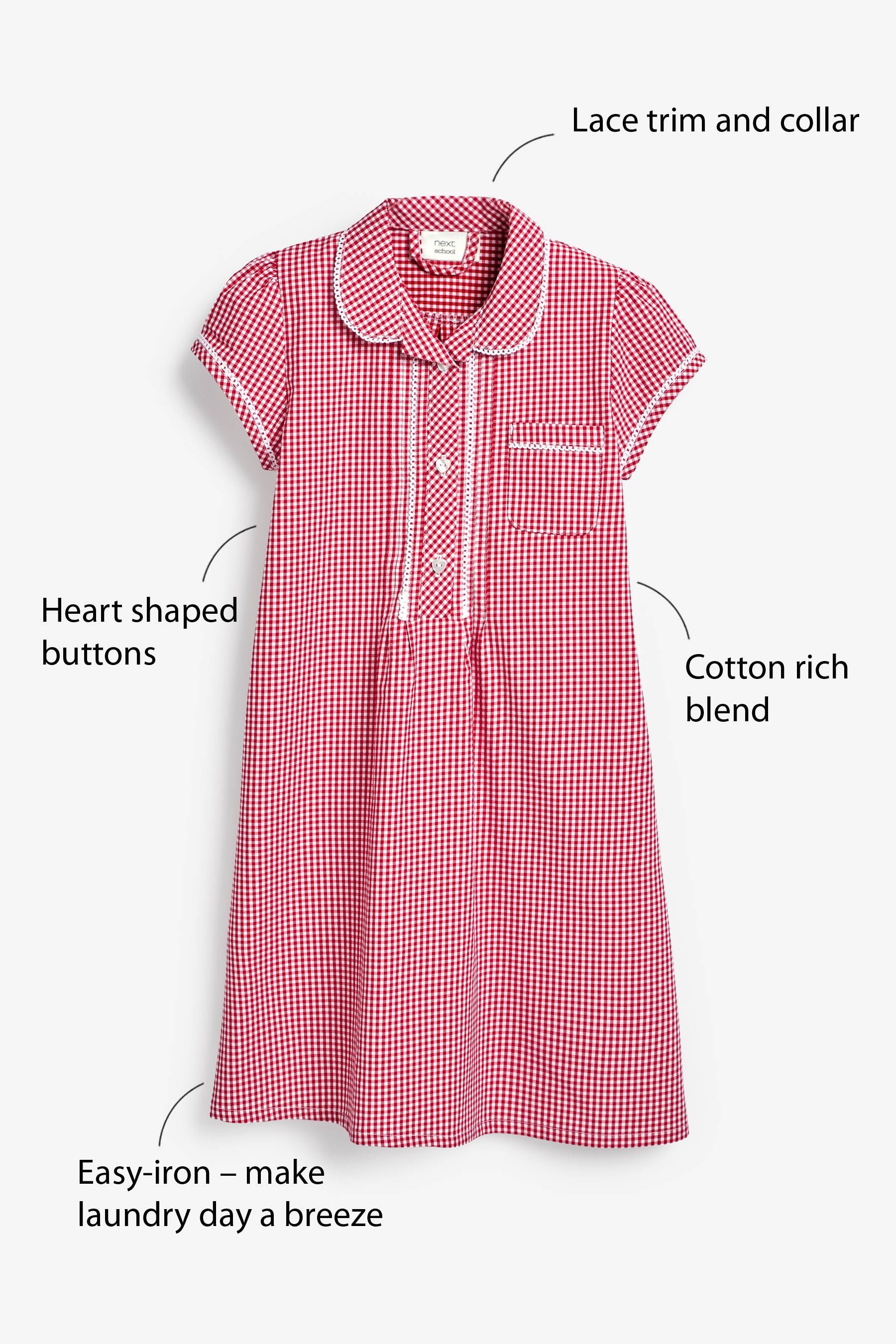 Red Cotton Rich Button Front Lace Gingham School Dress (3-14yrs)