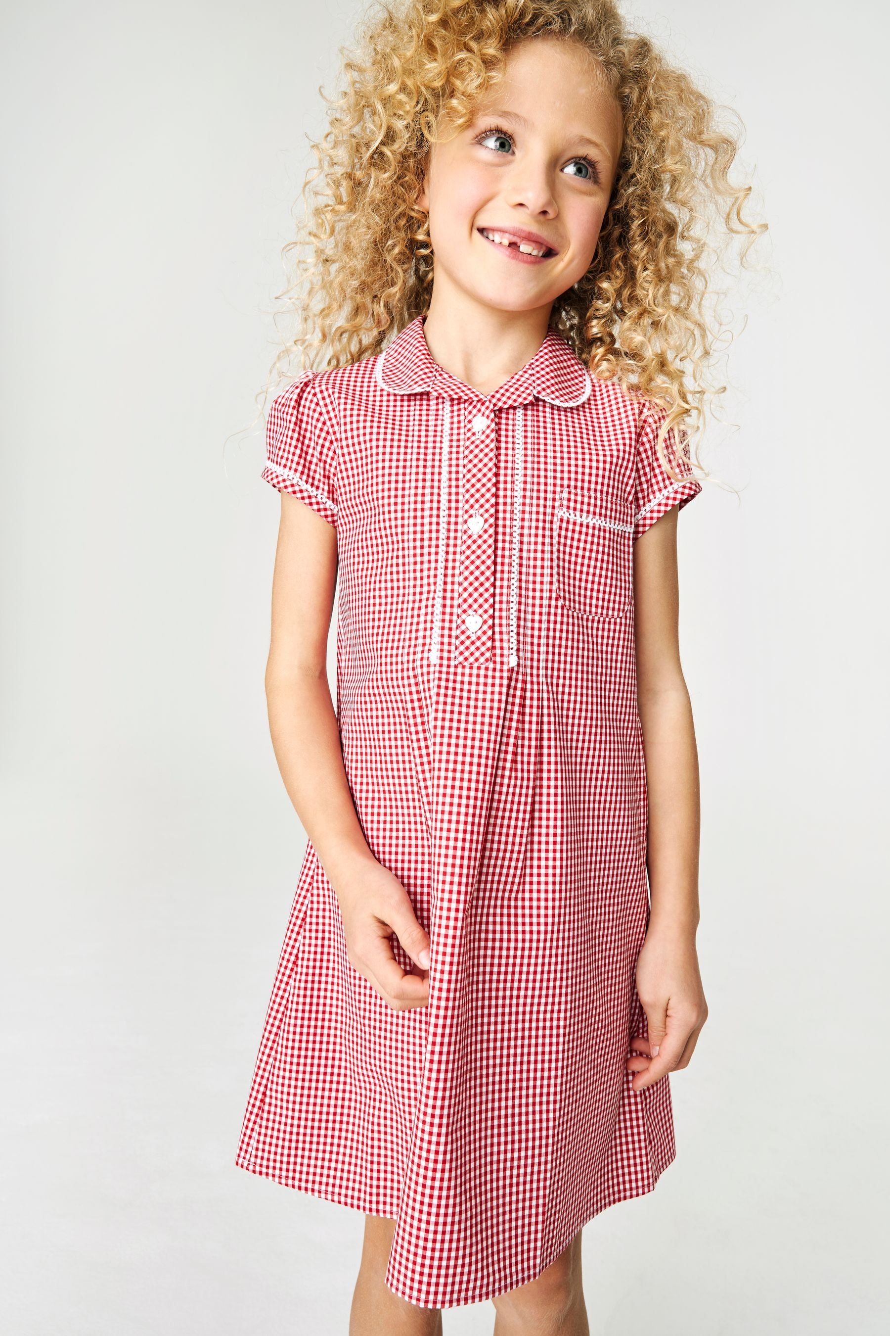 Red Cotton Rich Button Front Lace Gingham School Dress (3-14yrs)