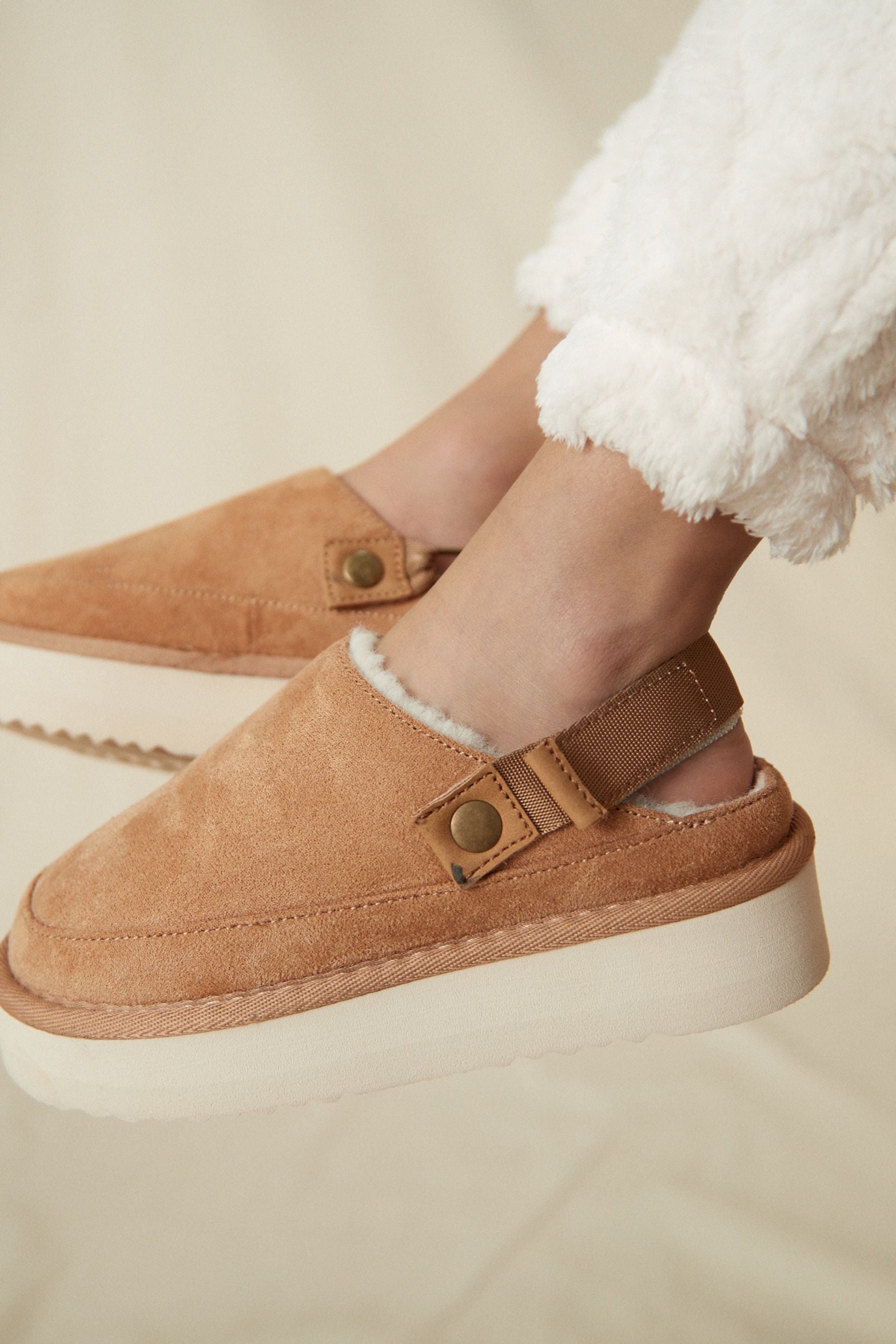 Tan Brown Faux Fur Lined Platform Ankle Strap Slippers