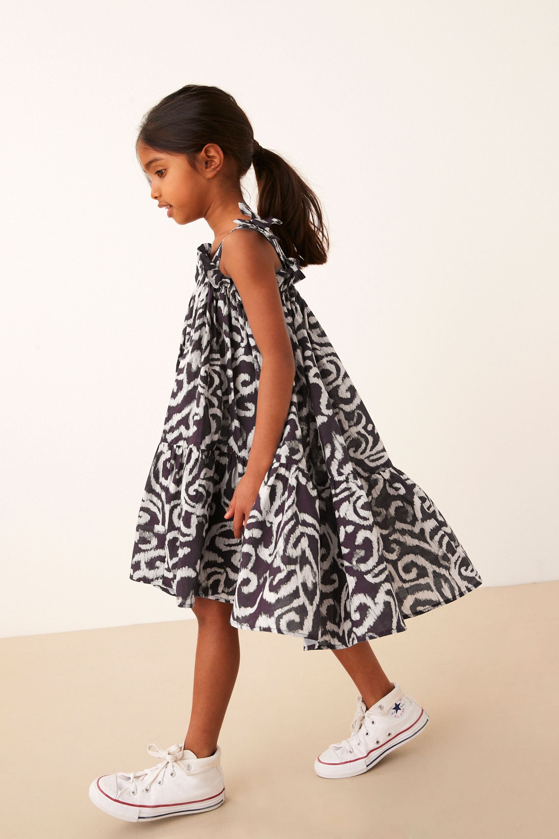 Black Swirl Print Tie Shoulder Printed Summer Dress (3-16yrs)