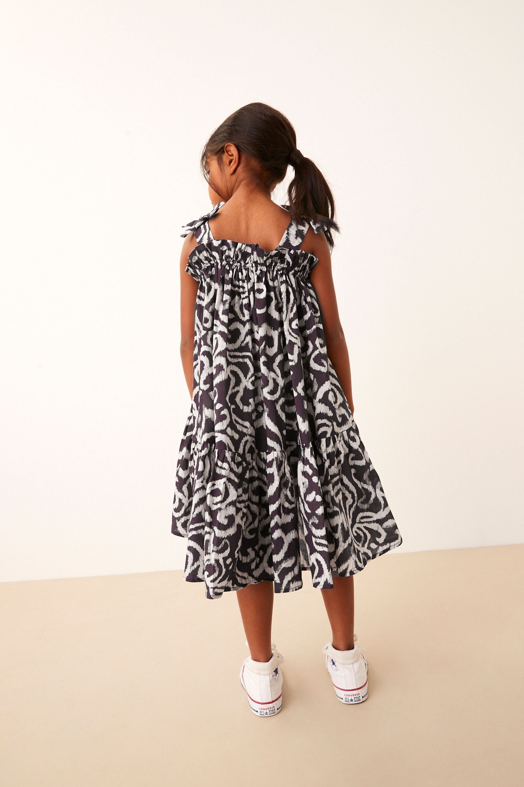 Black Swirl Print Tie Shoulder Printed Summer Dress (3-16yrs)