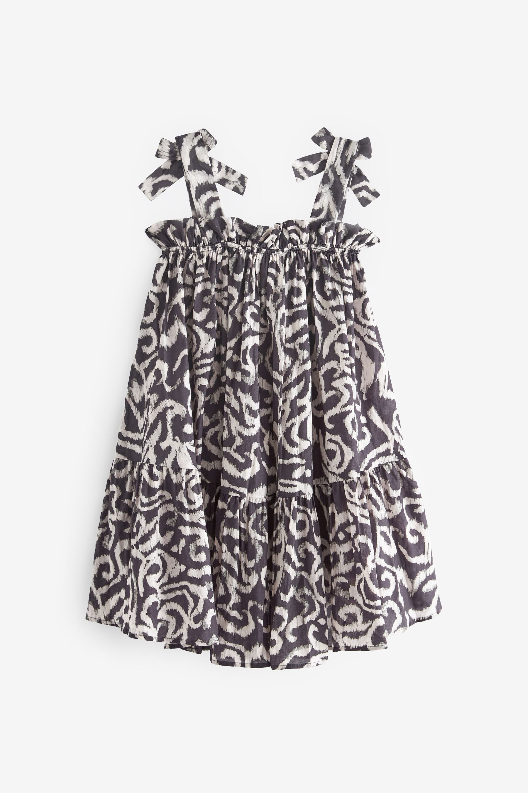 Black Swirl Print Tie Shoulder Printed Summer Dress (3-16yrs)