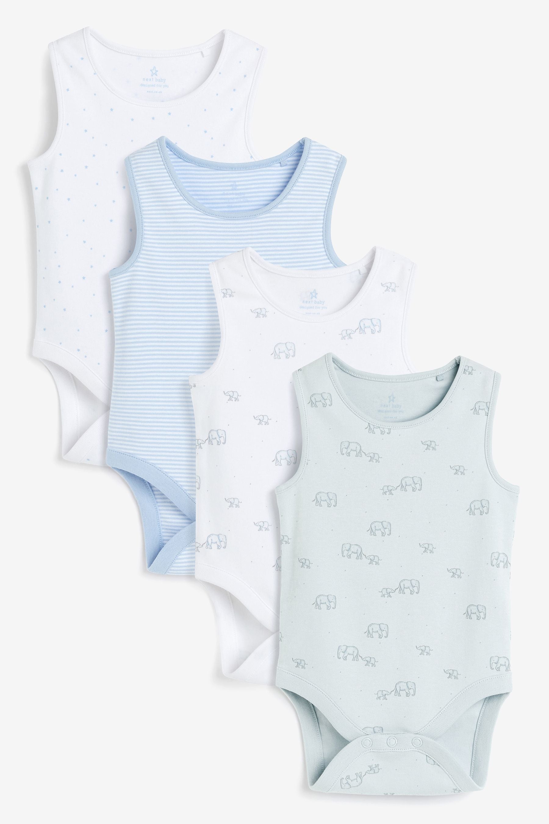 Pale Blue 4 Pack Cotton Elephant Vest Bodysuits