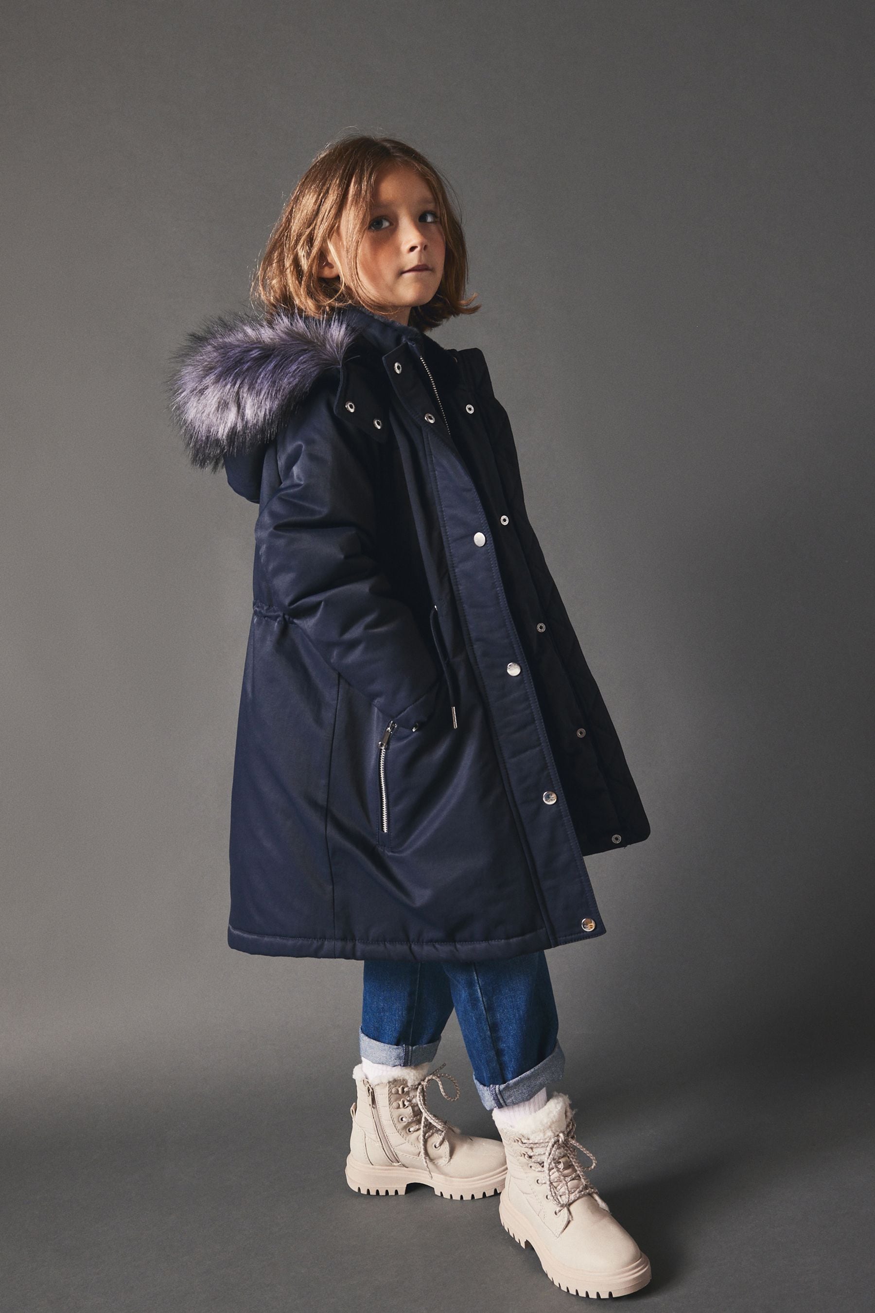 Navy Blue Shower Resistant Faux Fur Trim Parka (3-16yrs)