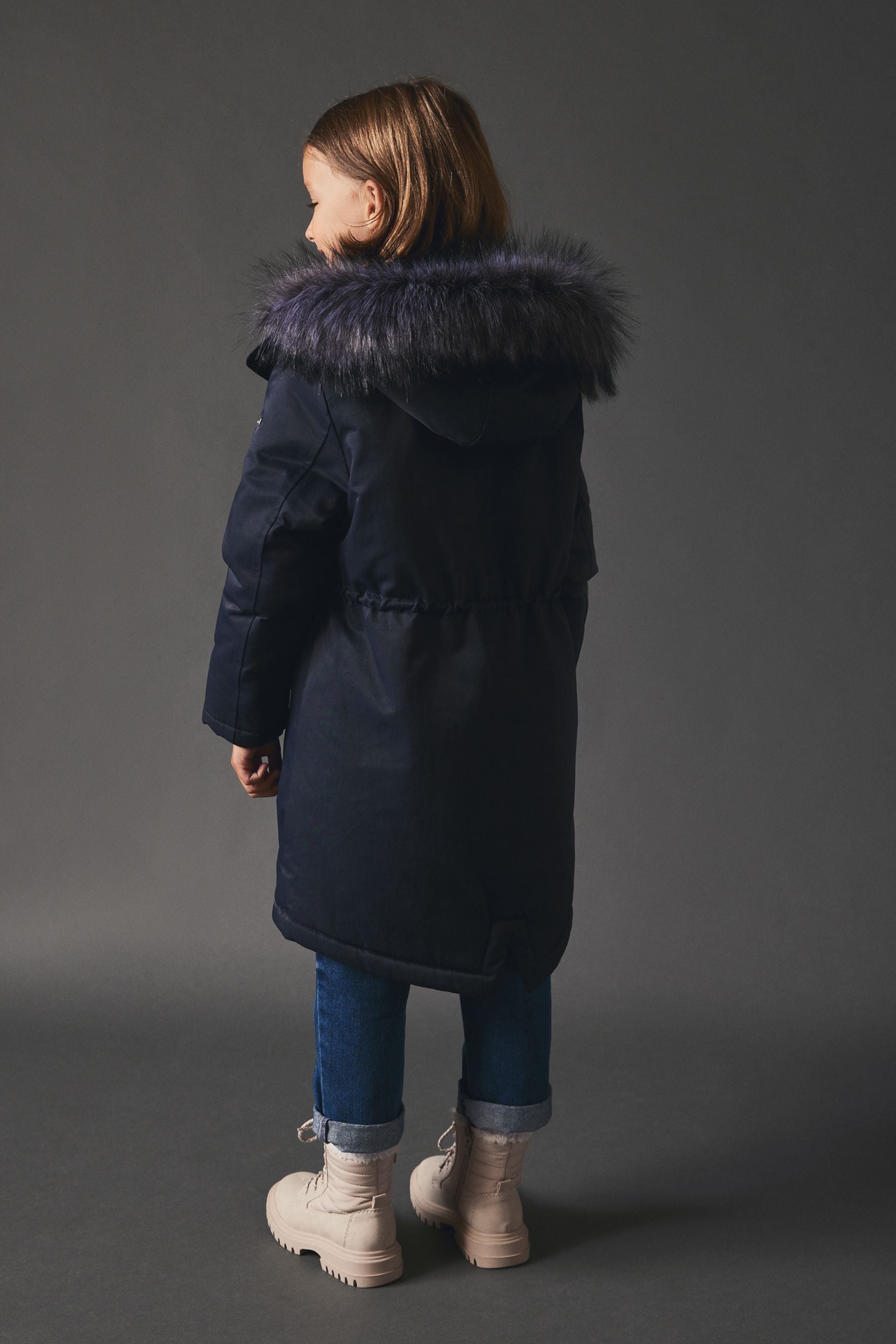 Navy Blue Shower Resistant Faux Fur Trim Parka (3-16yrs)