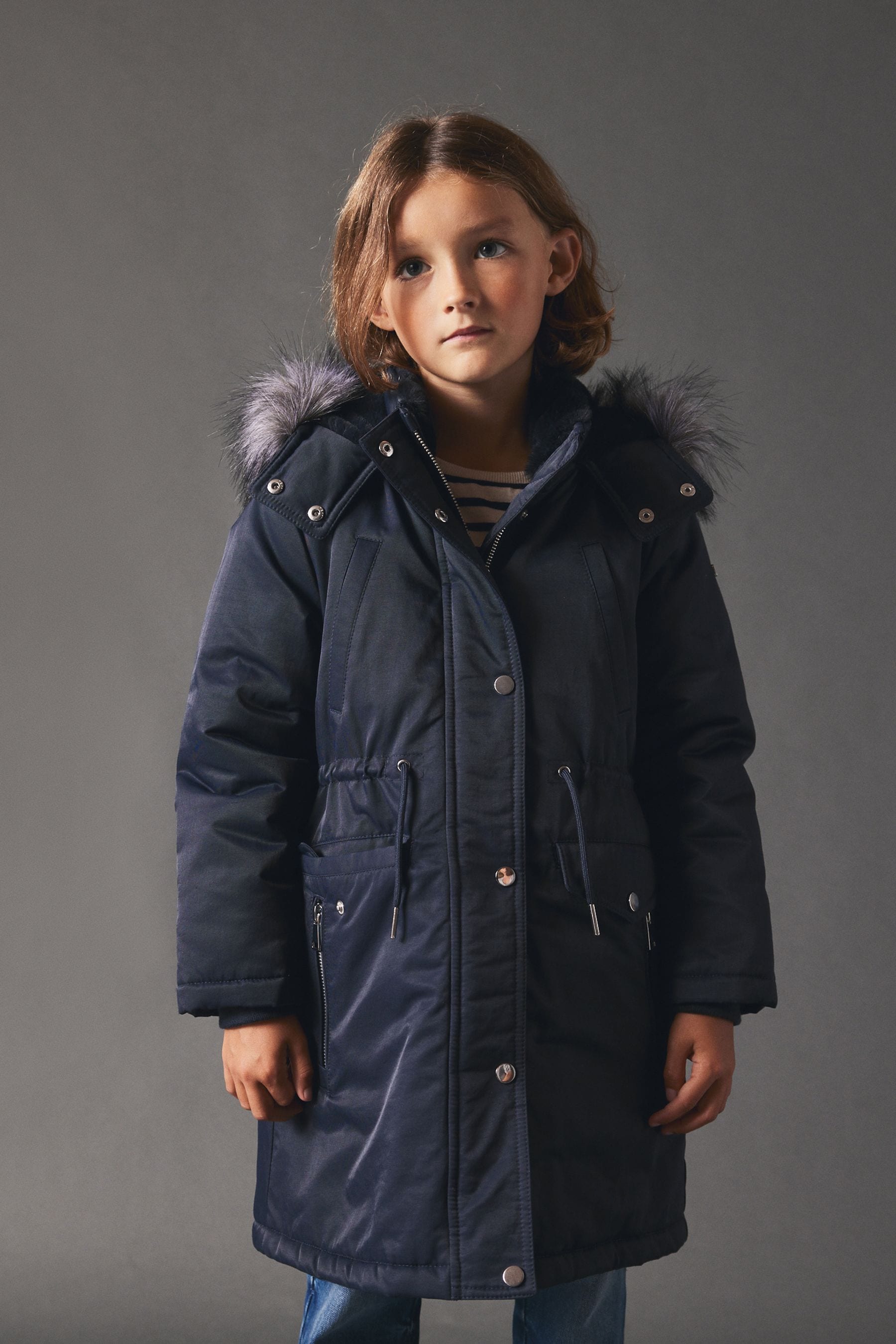 Navy Blue Shower Resistant Faux Fur Trim Parka (3-16yrs)