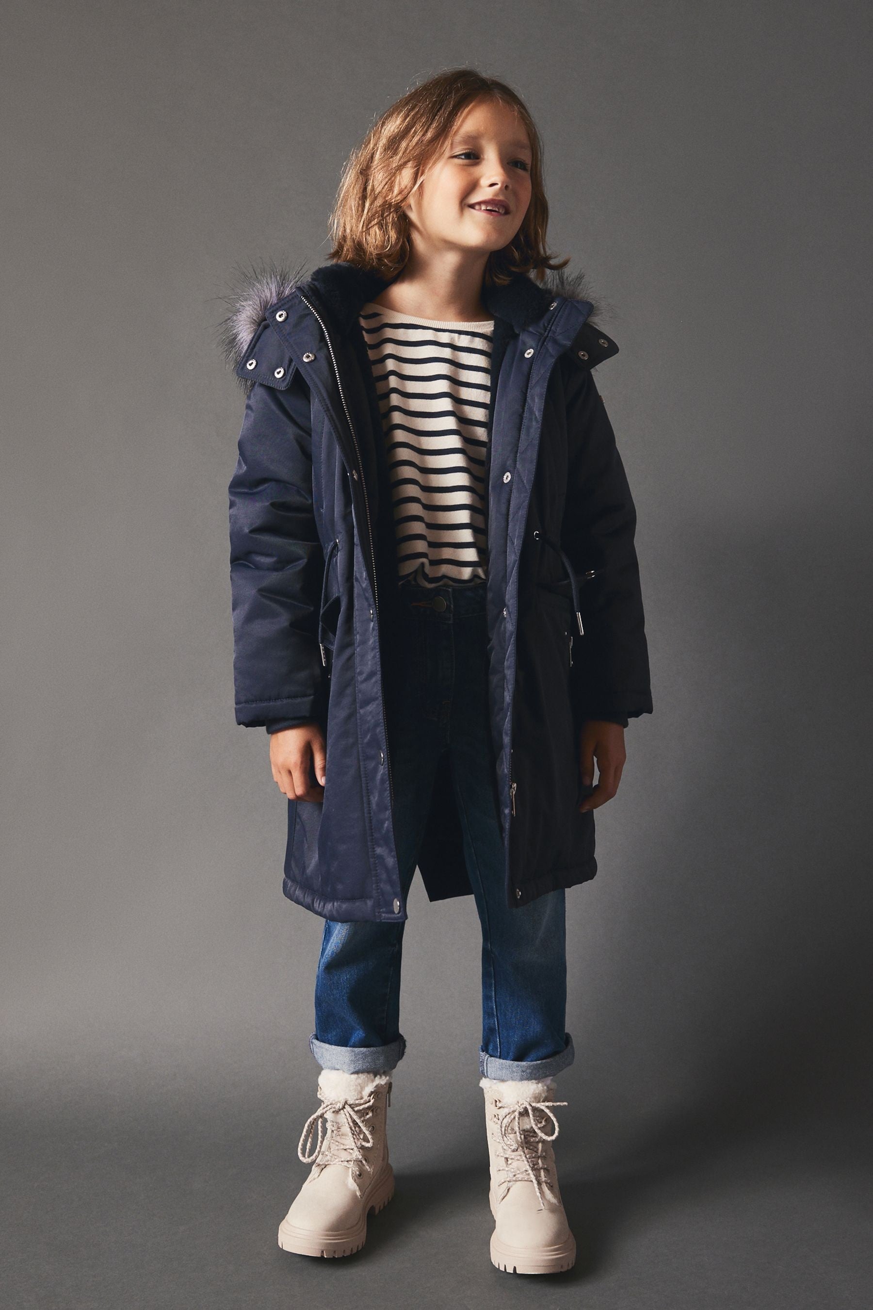 Navy Blue Shower Resistant Faux Fur Trim Parka (3-16yrs)