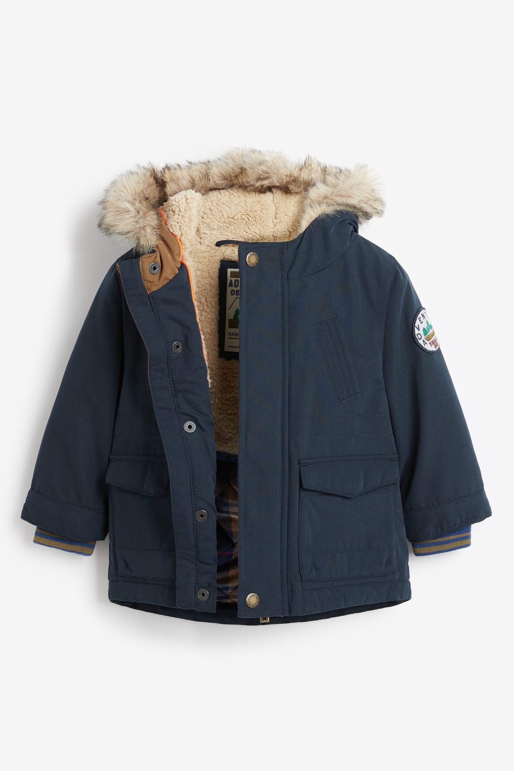 Navy Blue Shower Resistant Faux Fur Parka Coat (3mths-7yrs)