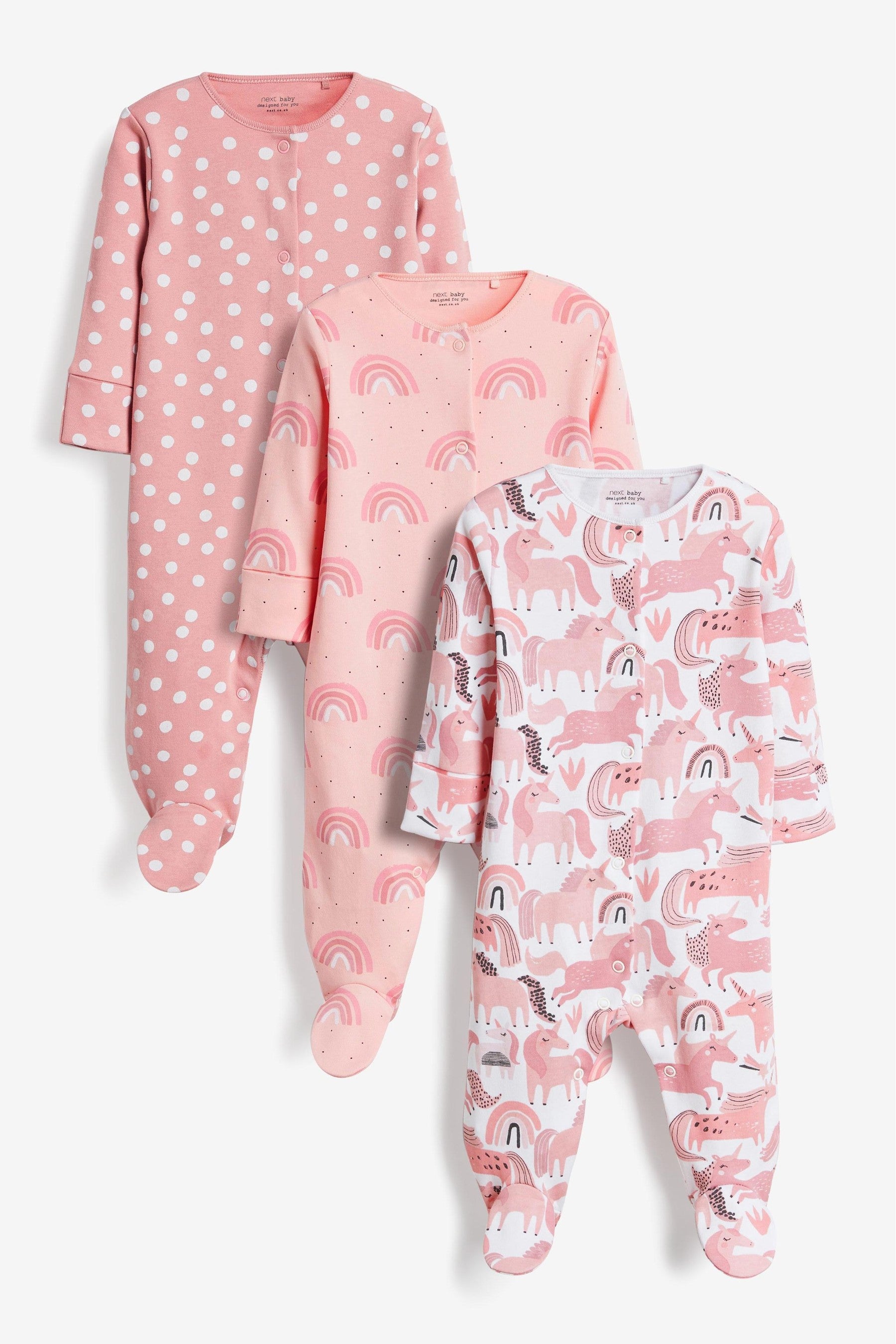 Pink Unicorns Baby Sleepsuits 3 Pack (0-0mths)