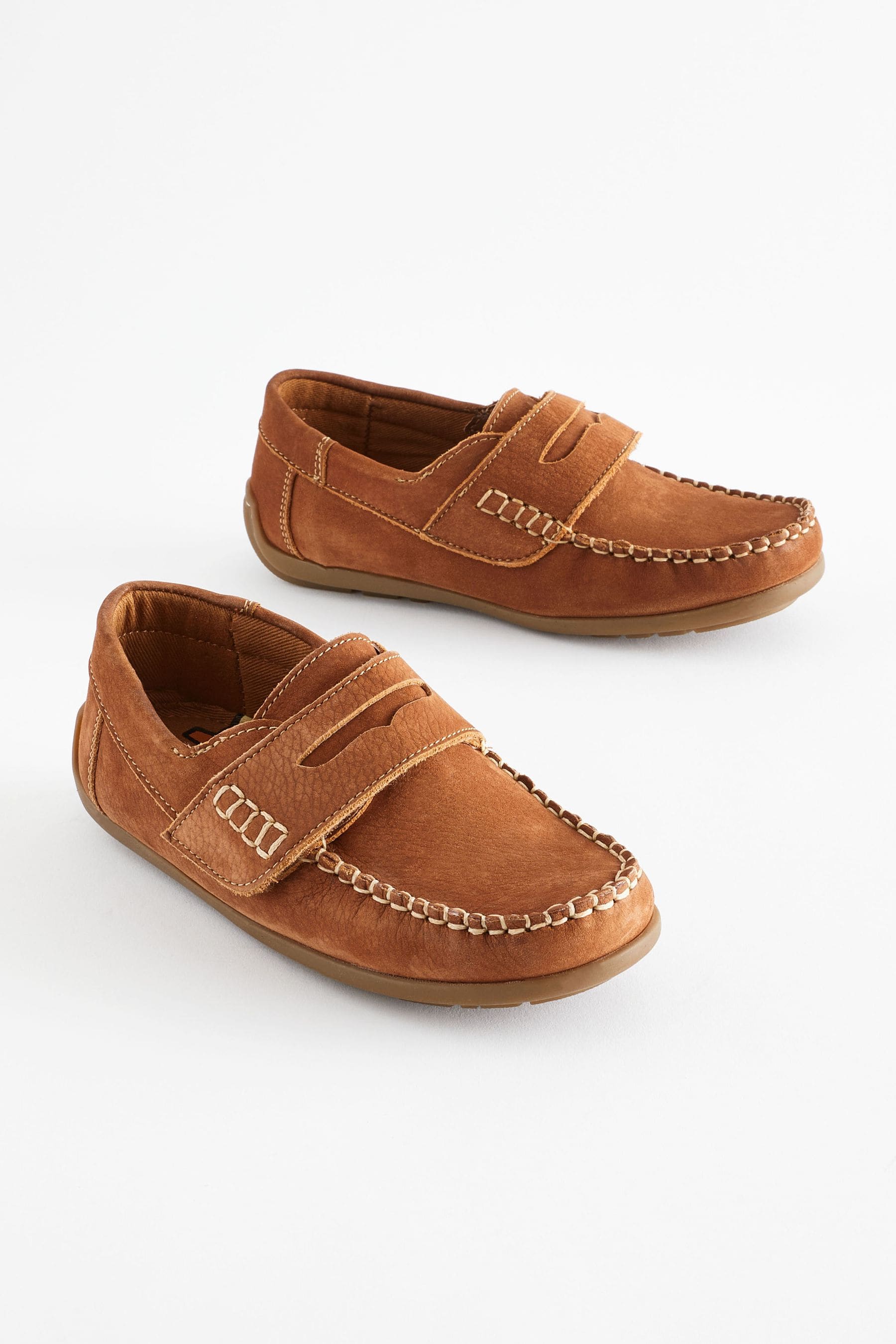 Tan Brown Leather Penny Loafers with Touch and Close Fastening