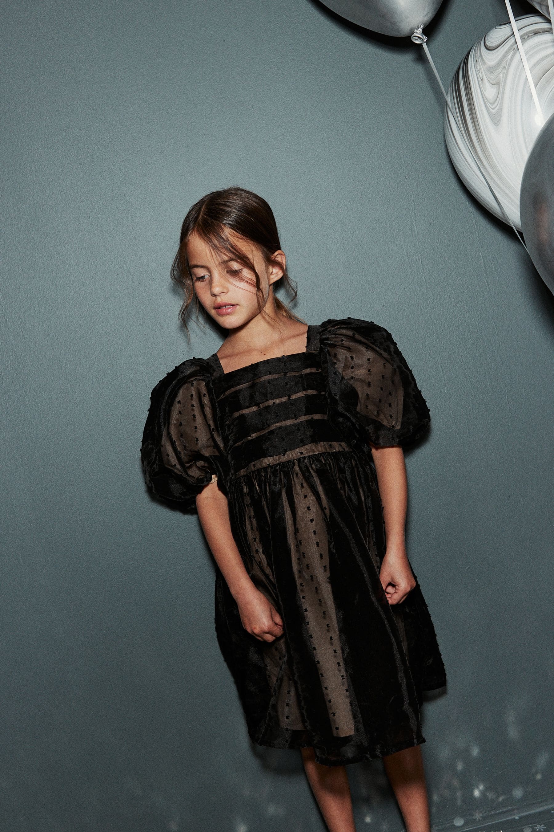 Black Dobby Mesh Volume Sleeve Square Neck Dress (3-16yrs)